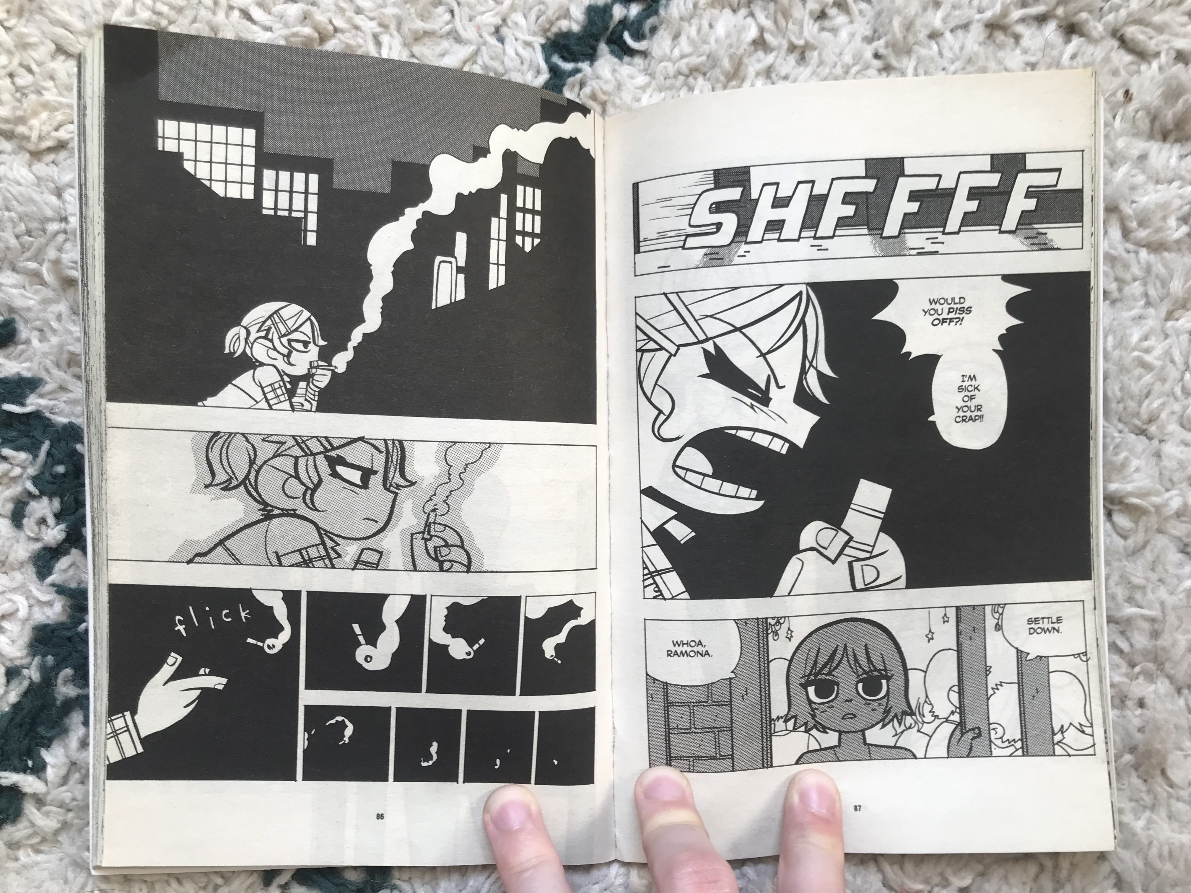 Two black and white pages from the Scott Pilgrim comics, showing a more sparse and slow panel layout for an emotional scene