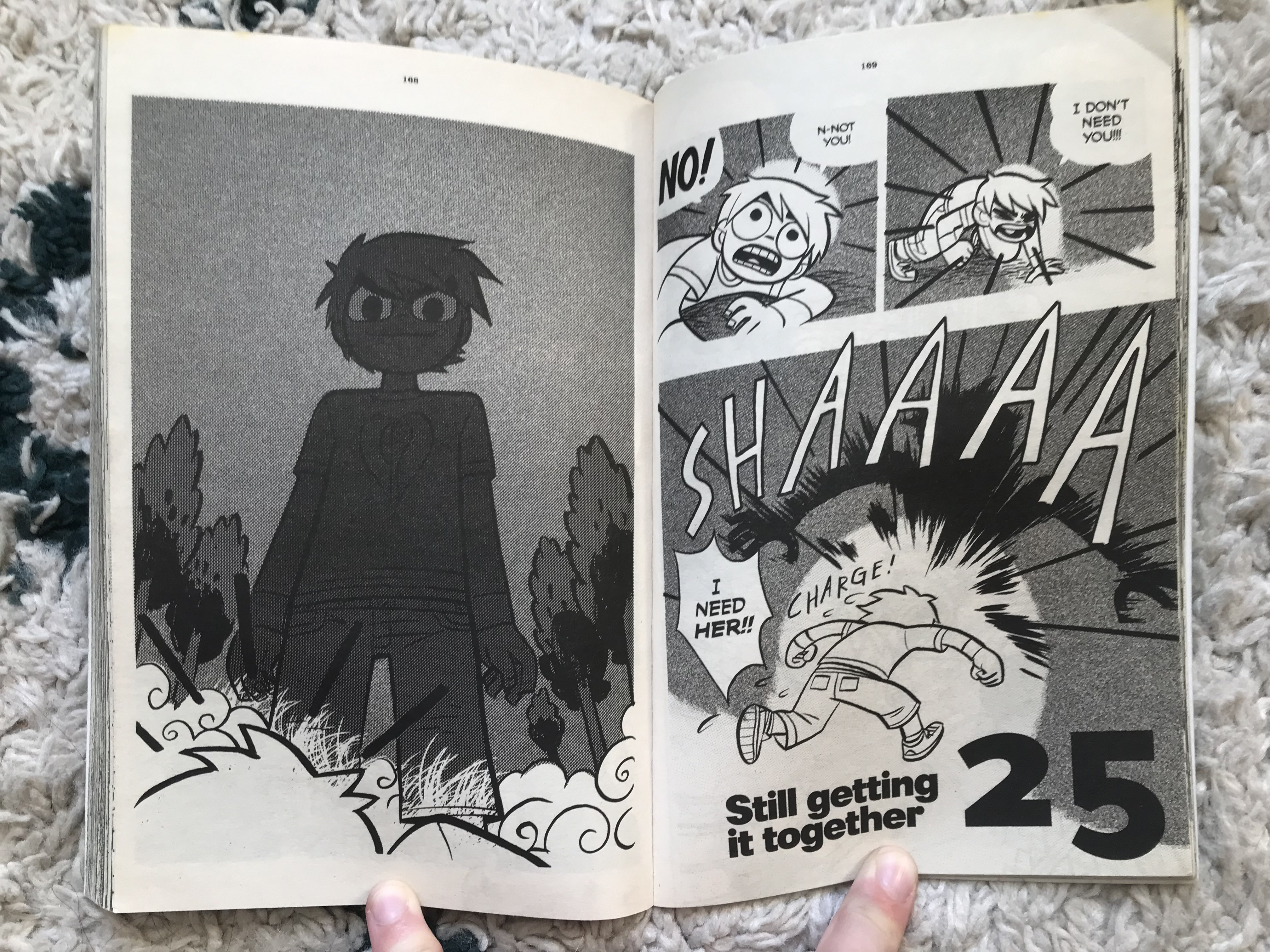 A photo of two pages from Scott Pilgrim, showing NegaScott appearing, Scott saying he doesn't need him, and running away.