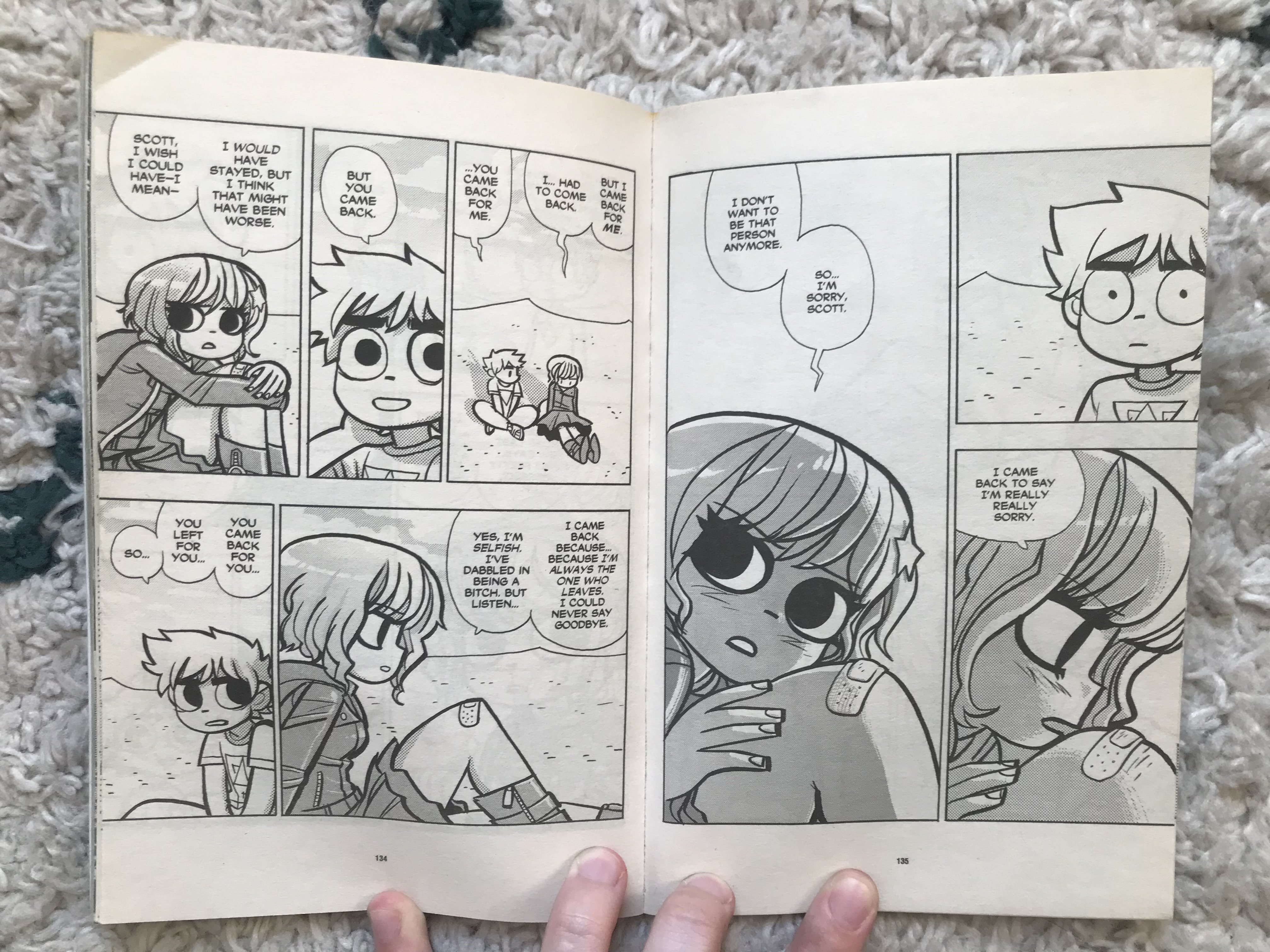 A photo of two pages from Scott Pilgrim, showing Ramona having an emotional conversationwith Scott in the dream world about her own flaws, why she left and why she came back