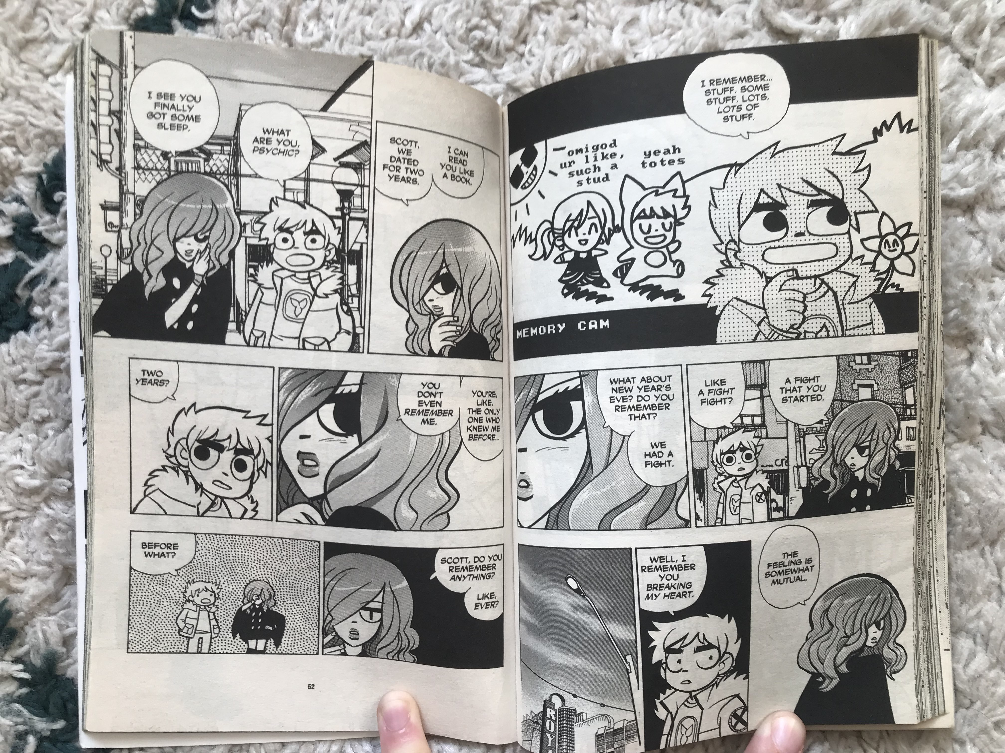 A photo of two pages from Scott Pilgrim showing Envy and Scott having a conversation, and it's revealed that Scott doesn't remember the past or what happened in his previous relationships, and how Envy isn't totally a 2D mean girl.