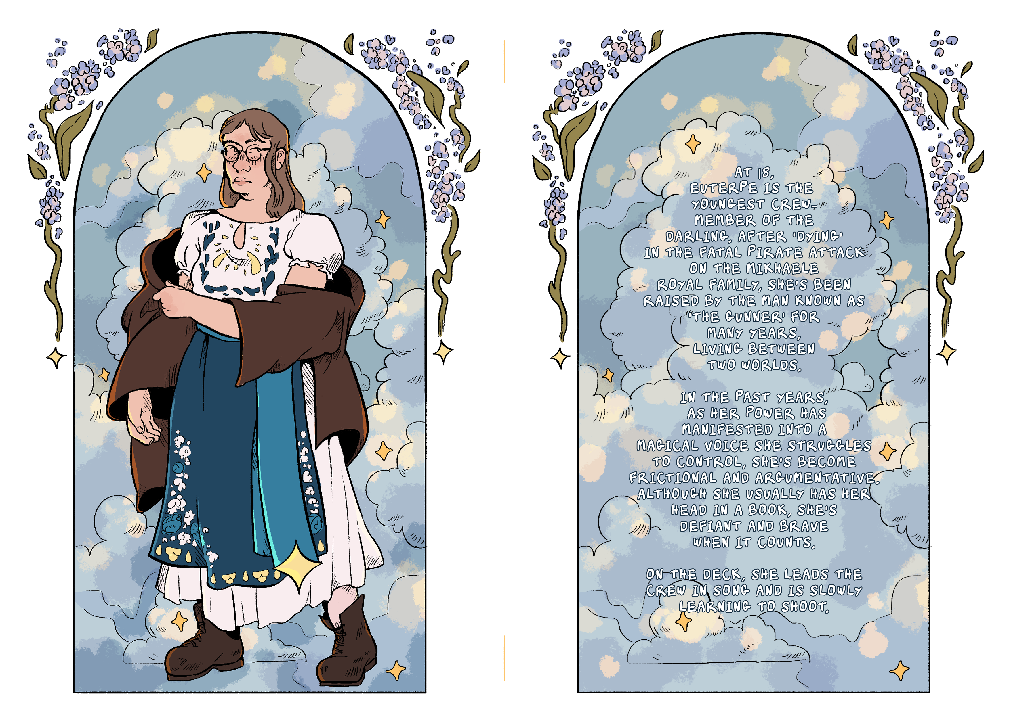 A full-body digital illustration of a young White woman in traditional Eastern European-inspired folk dress in blue and an oversized brown jacket. Behind her is a arch frame full of blue clouds, with details of stars and flowers on the edge of the frame. In the other half of the image, there's the same frame, full of text explaining her backstory.