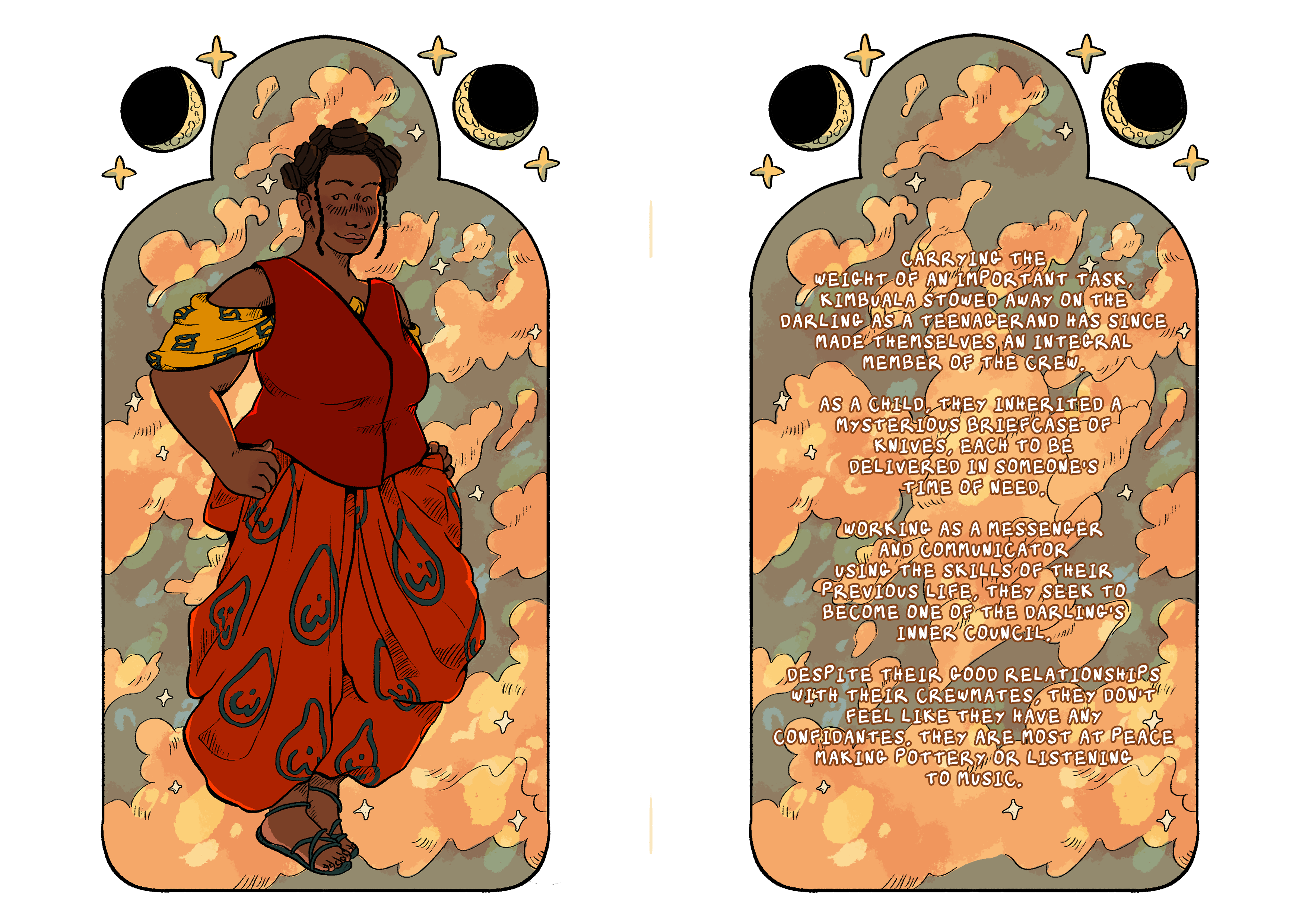 A full-body digital illustration of a young Black person in warm-coloured baggy clothes with African-inspired wax patterns on and a red waistcoat. Behind them is a frame with three arches full of orange clouds against a blue-grey background, with moons and stars outside the frame. In the other half of the image, there's the same frame, full of text explaining their backstory.