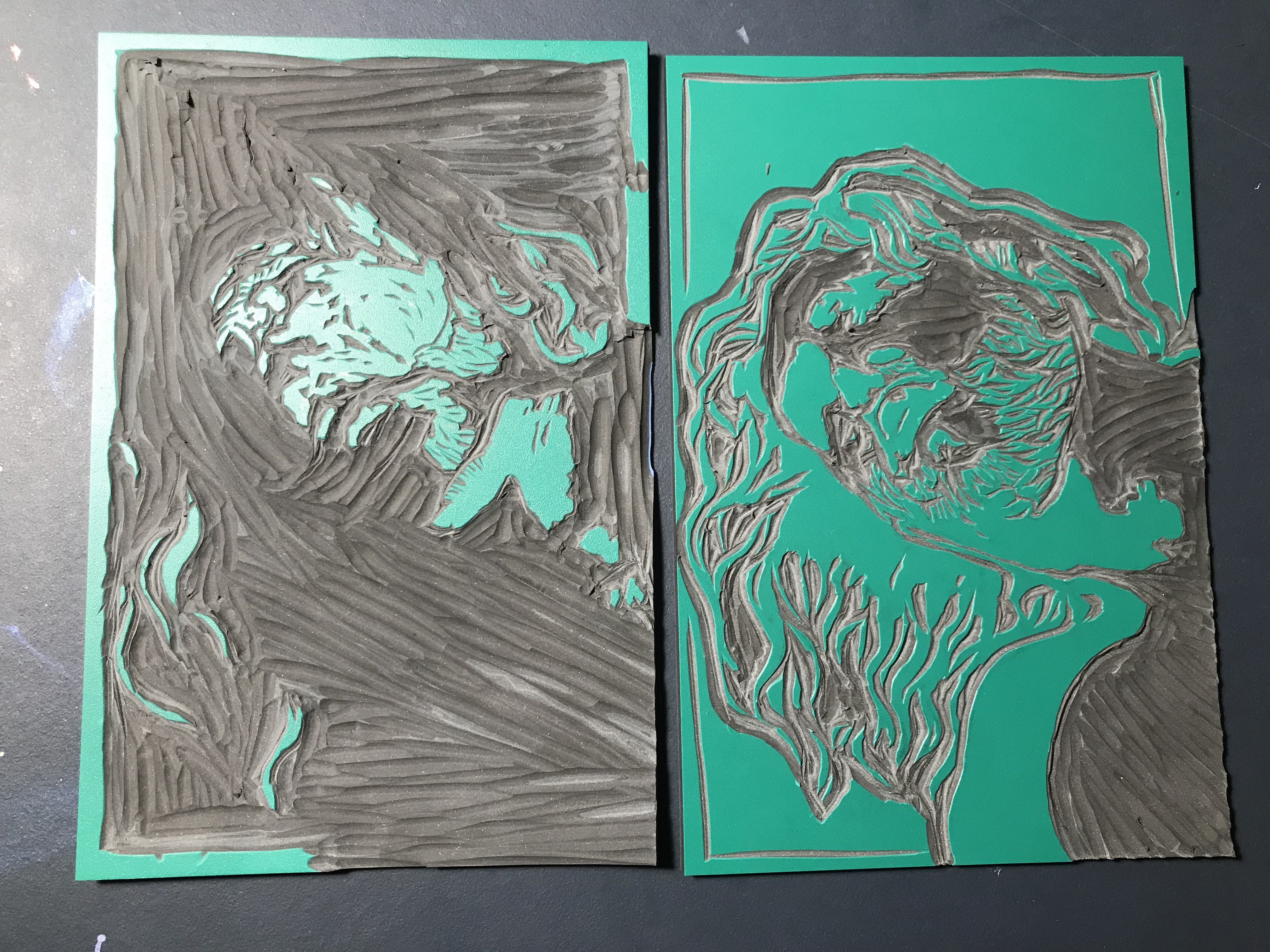 Two carved designs into Japanese Vinyl, a type of lino with a green exterior layer and a black inside. One shows an abstracted blood smear on someone's face, the other shows the shadows on that face in harsh light.