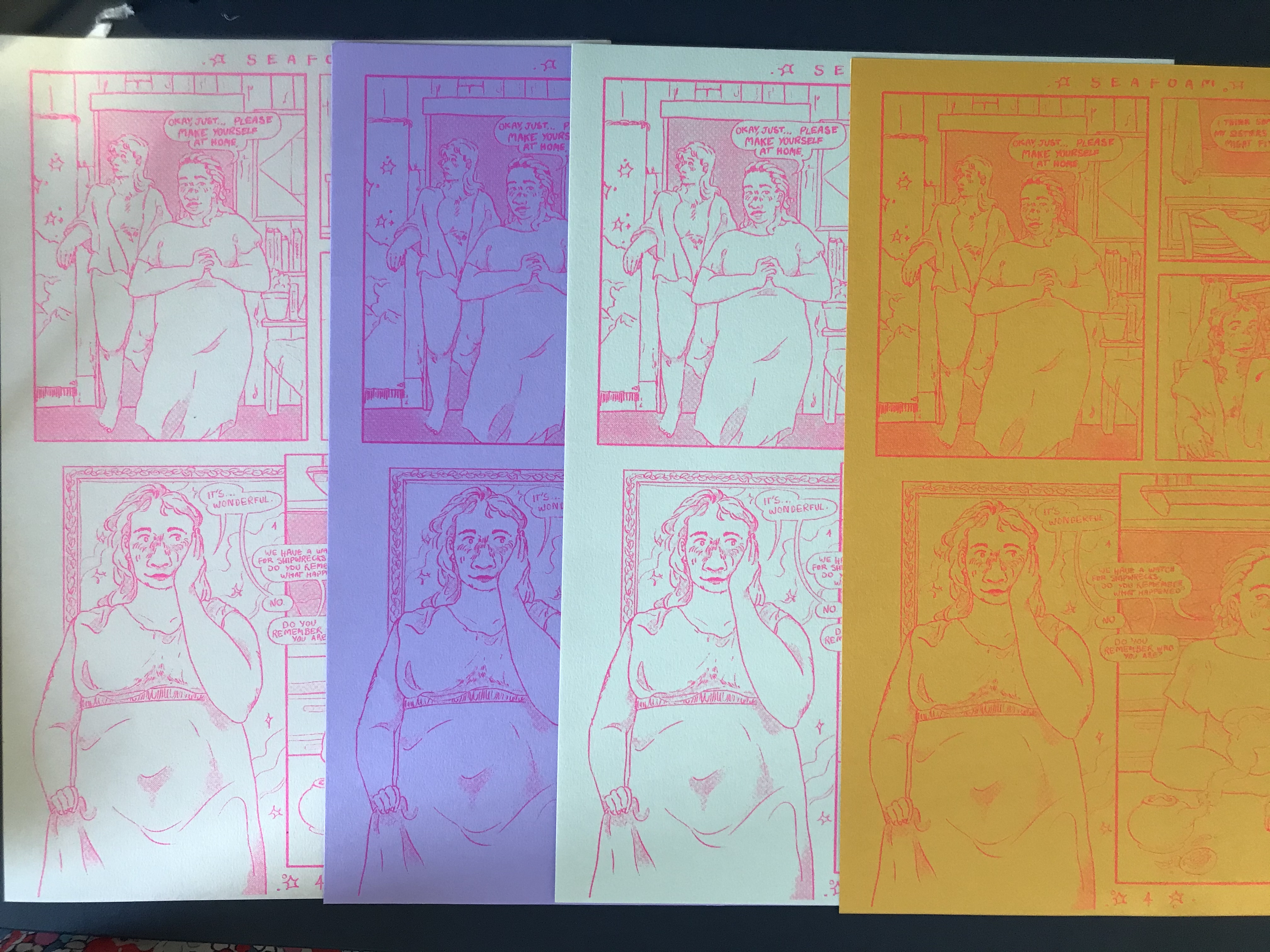 Four riso prints in different colours of the same comic page, depicting two women walking into a house, but only half of the page is visible. left to right, the colours are pink on white, pink on purple, pink on very pale green, and red on yellow.
