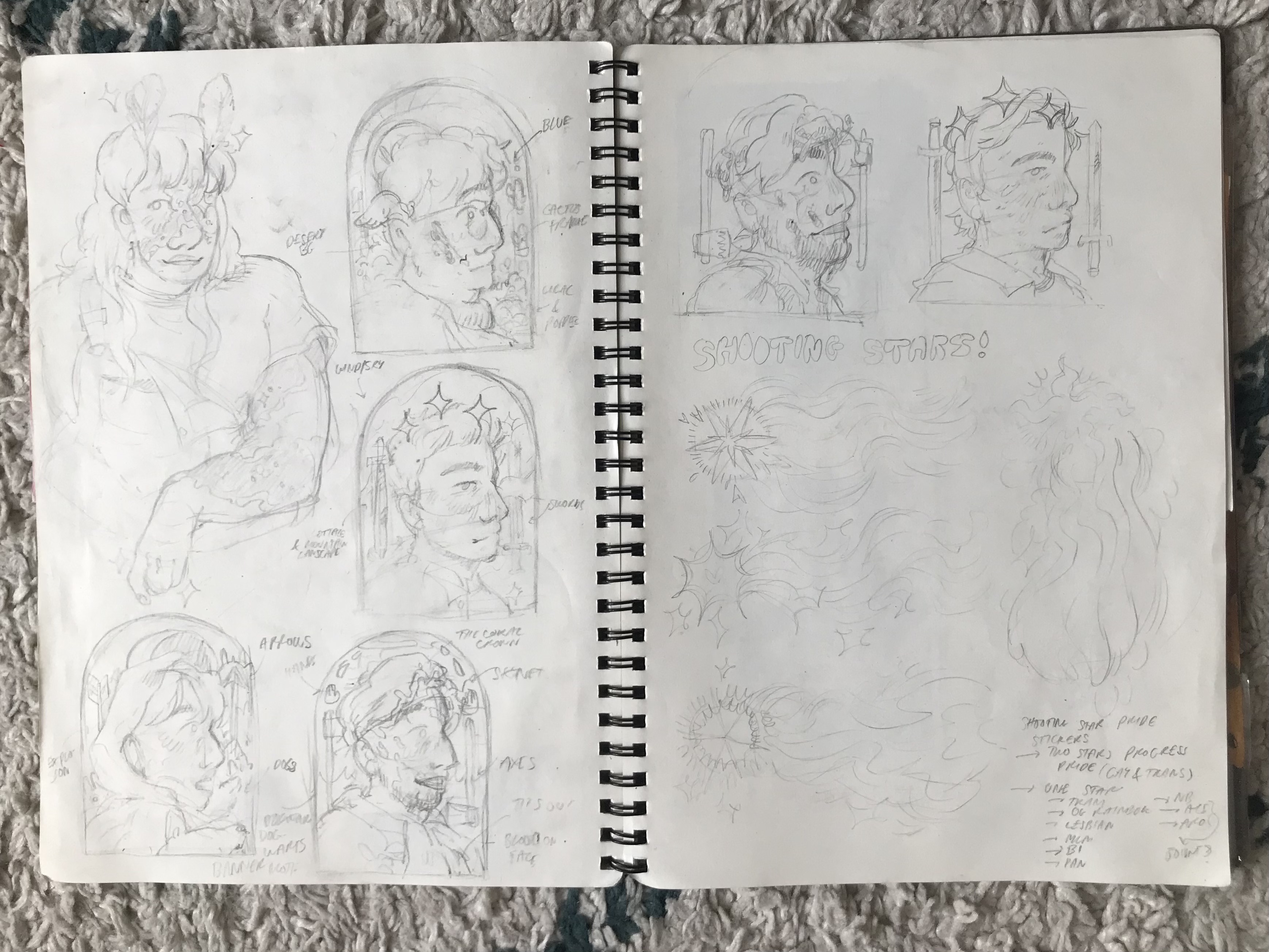 a sketchbook spread containing sketches of portrait faces in arch windows, and doodles of shooting stars