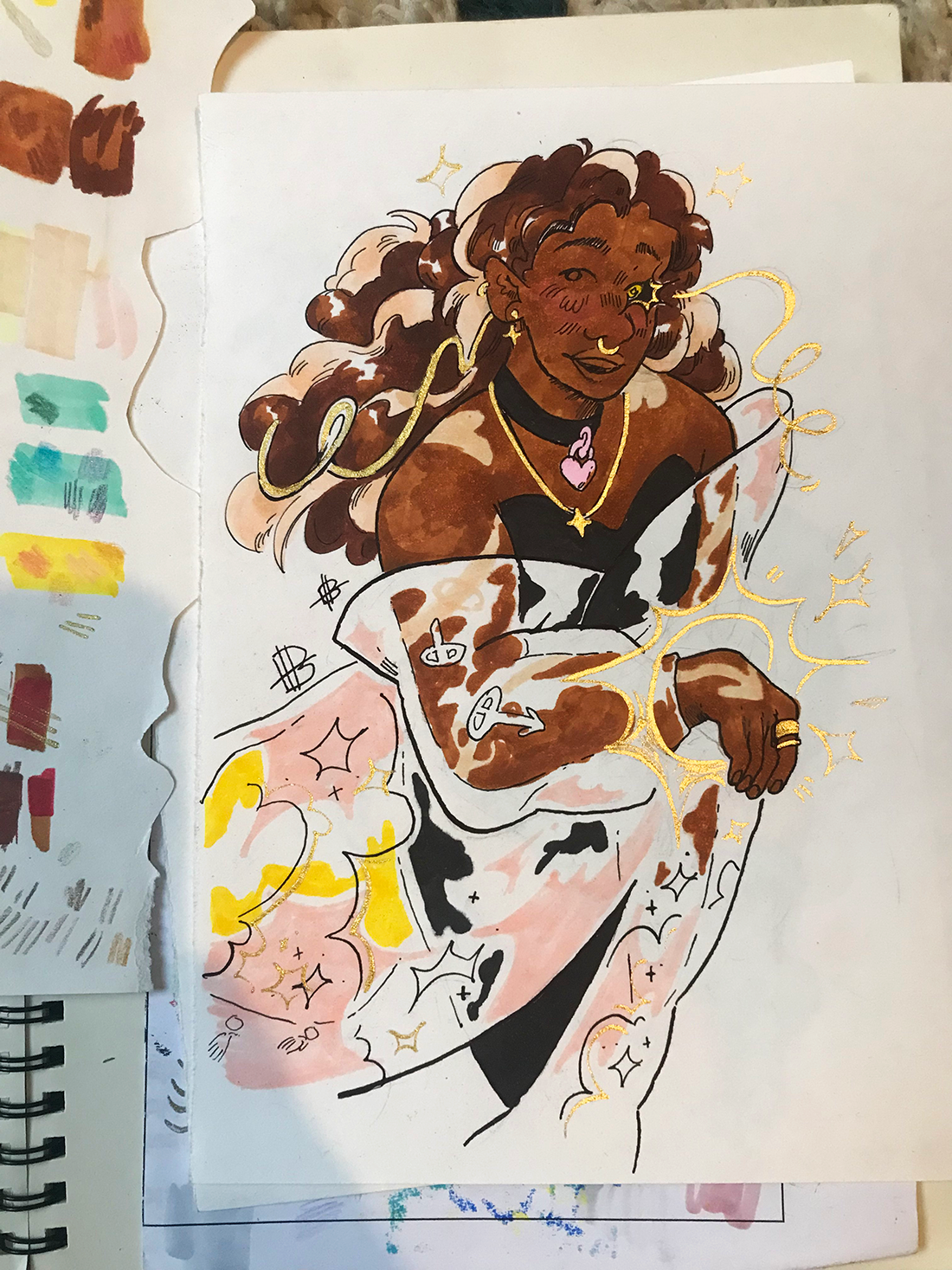 an ink and marker drawing on paper of a glamourous dark-skinned person with long fluffy hair and a gauzy dress