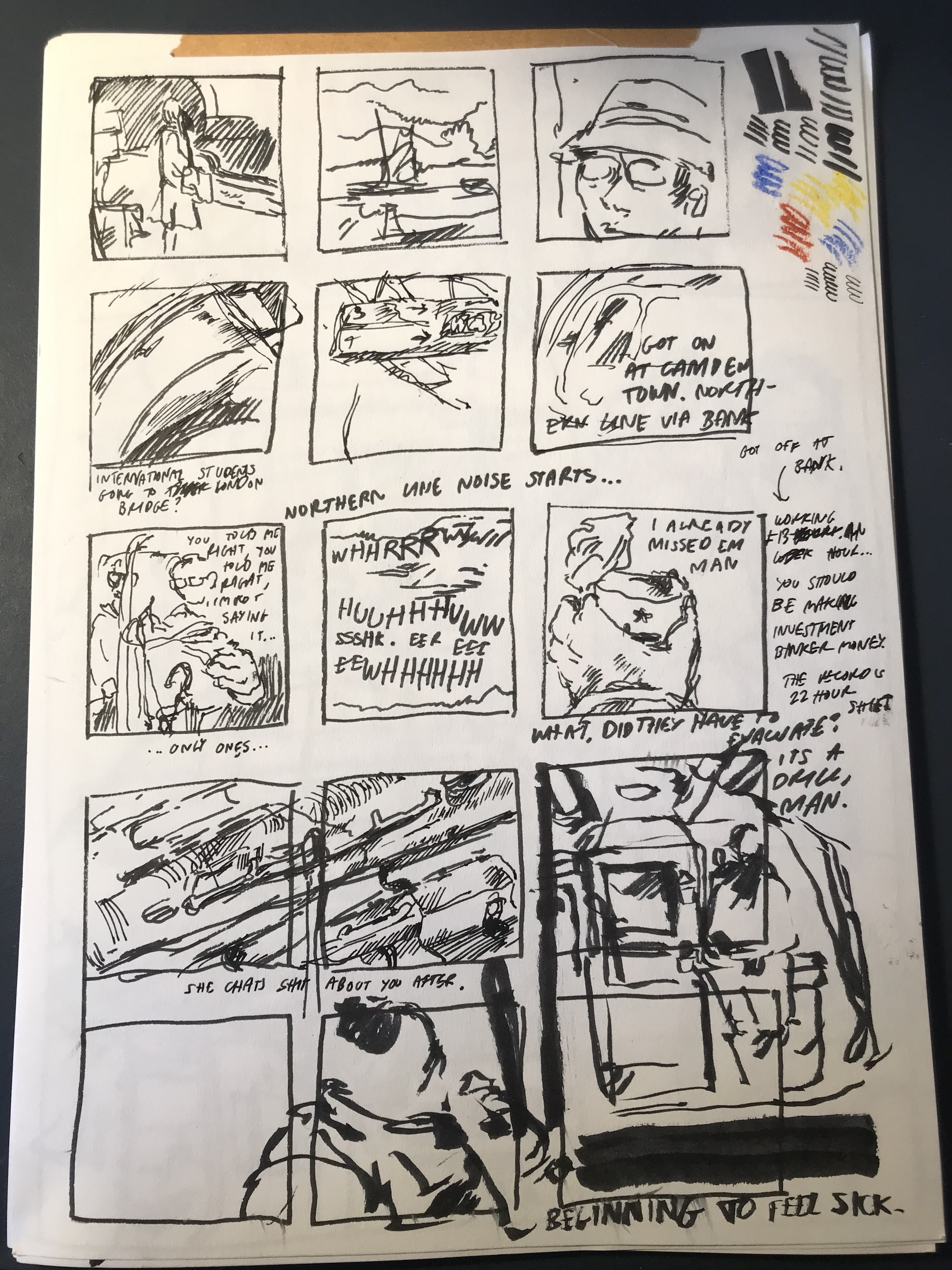 A page split up into many small squares, each with sketches of people or things seen on the train, some of the drawings overflowing the panels.