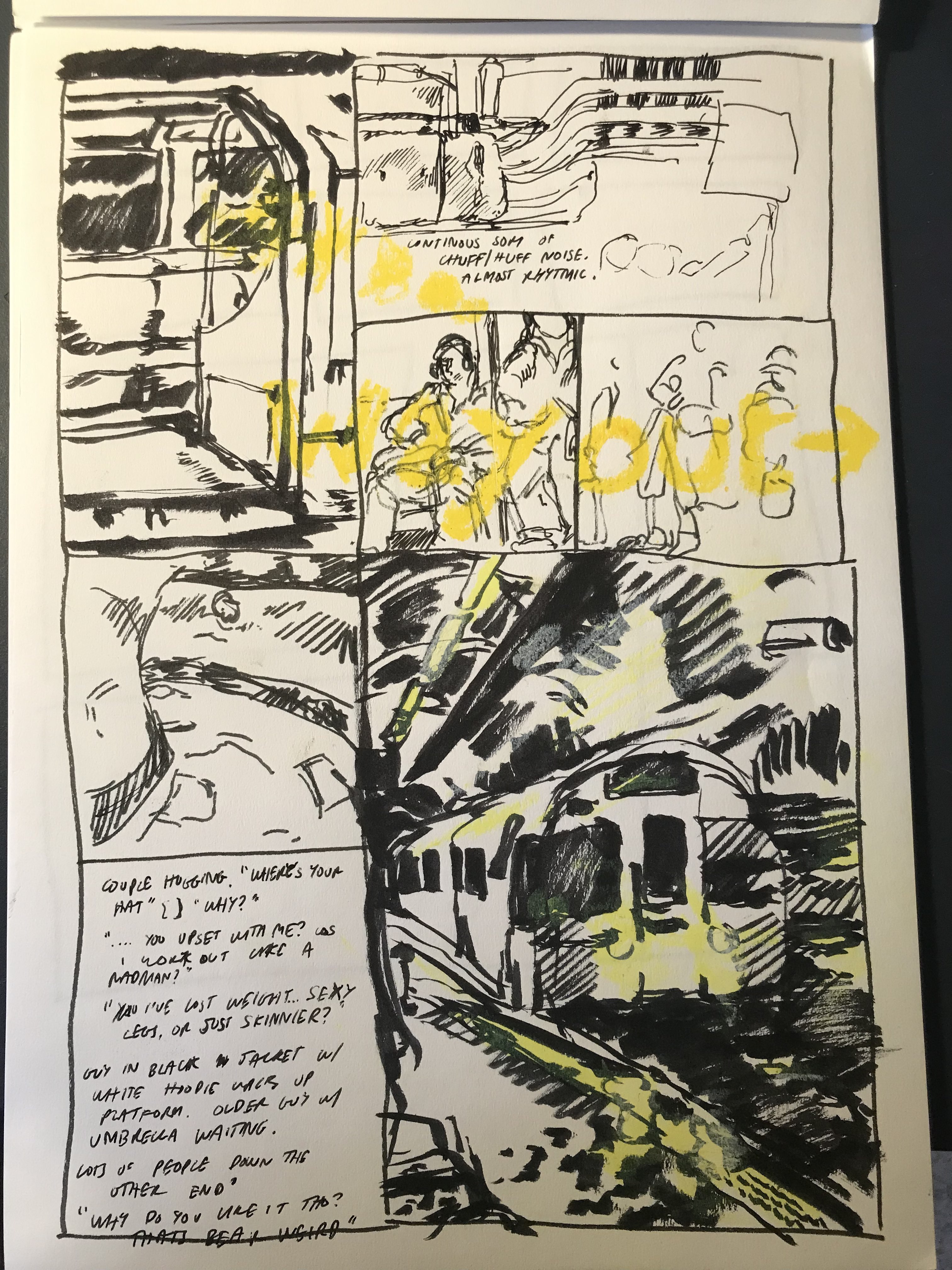A page split up into various panels, each containing sketches in black brush pen and yellow oil pastel of people on the train and train platform, and trains.