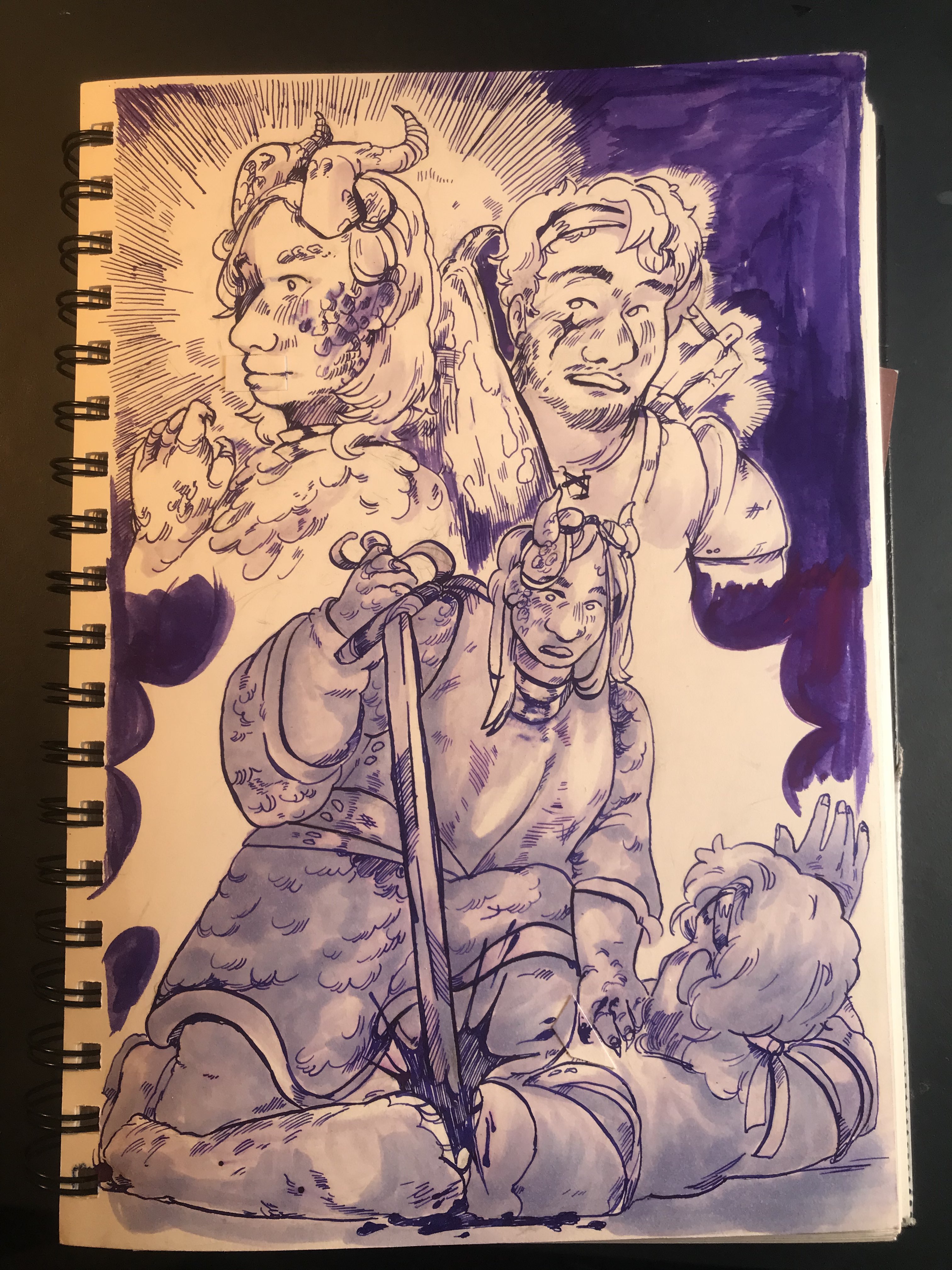 Purple pen and ink drawings on a sketchbook. The first one is crosshatched and has minimal marker shading, and depicts a woman with dragon features and a man with a headband. The second drawing is shaded more heavily, and depicts the woman sitting over the man and stabbing at his arm.