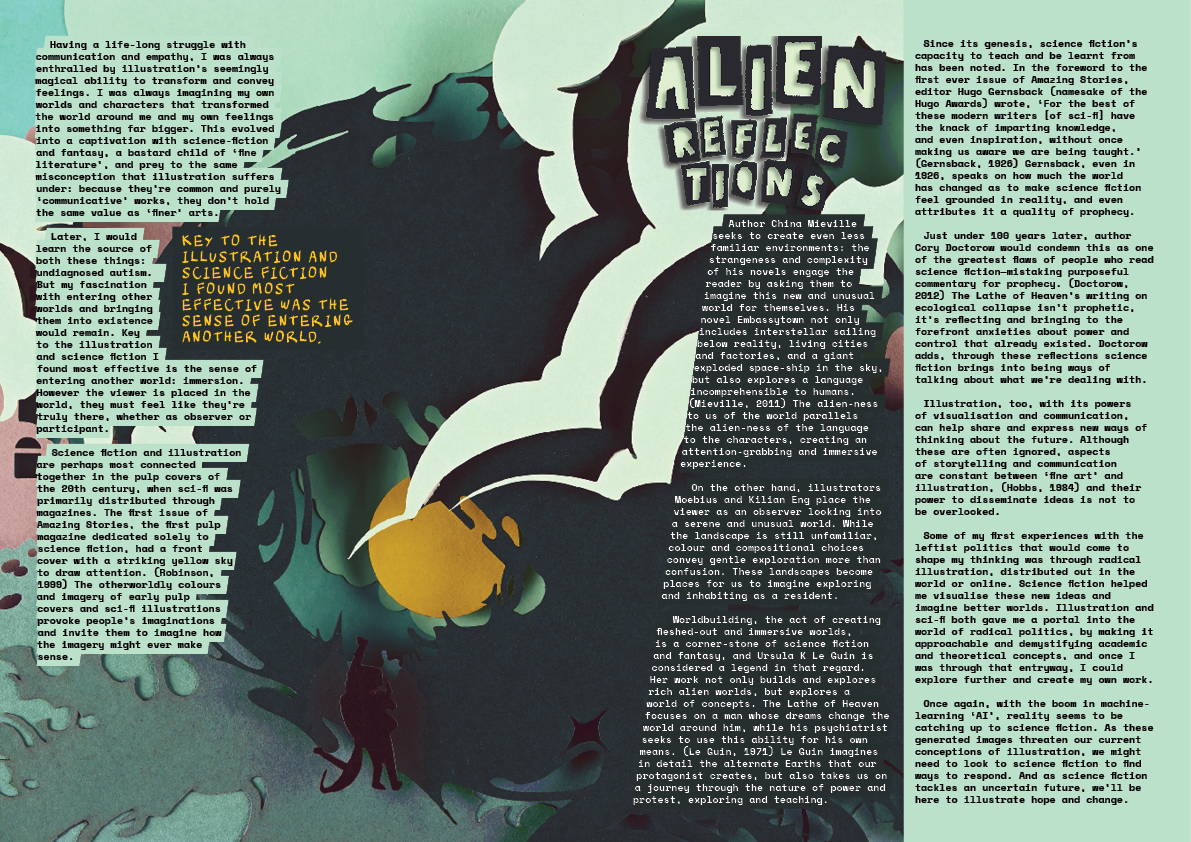 A magazine double spread of the previous sci-fi papercut illustration, with a title 'Alien Reflections' and an essay overlaid.