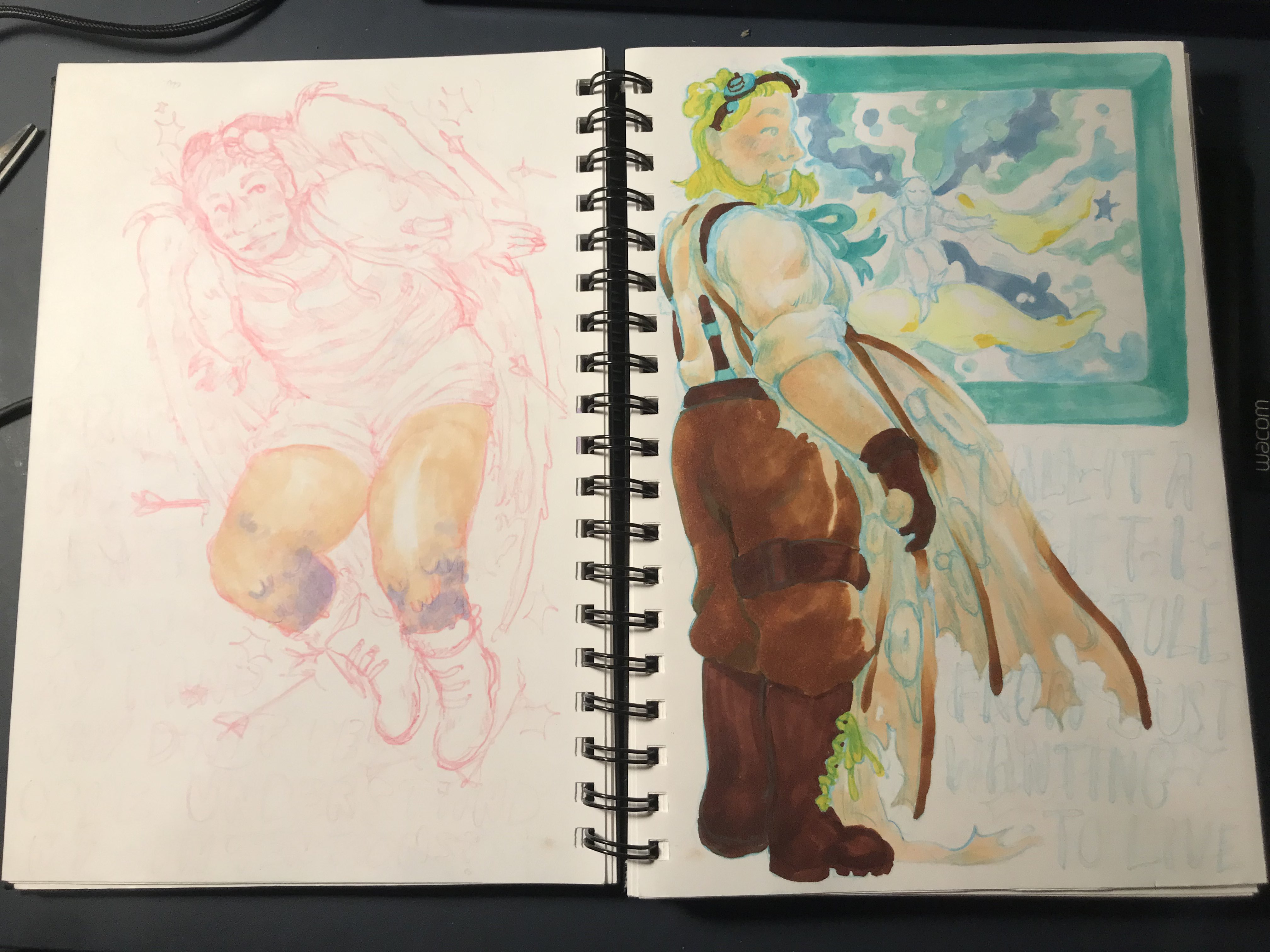 A photo of a sketchbook with two sketches of a woman in red and blue mechanical pencil, and one is coloured with copic markers with a blue swirling background.