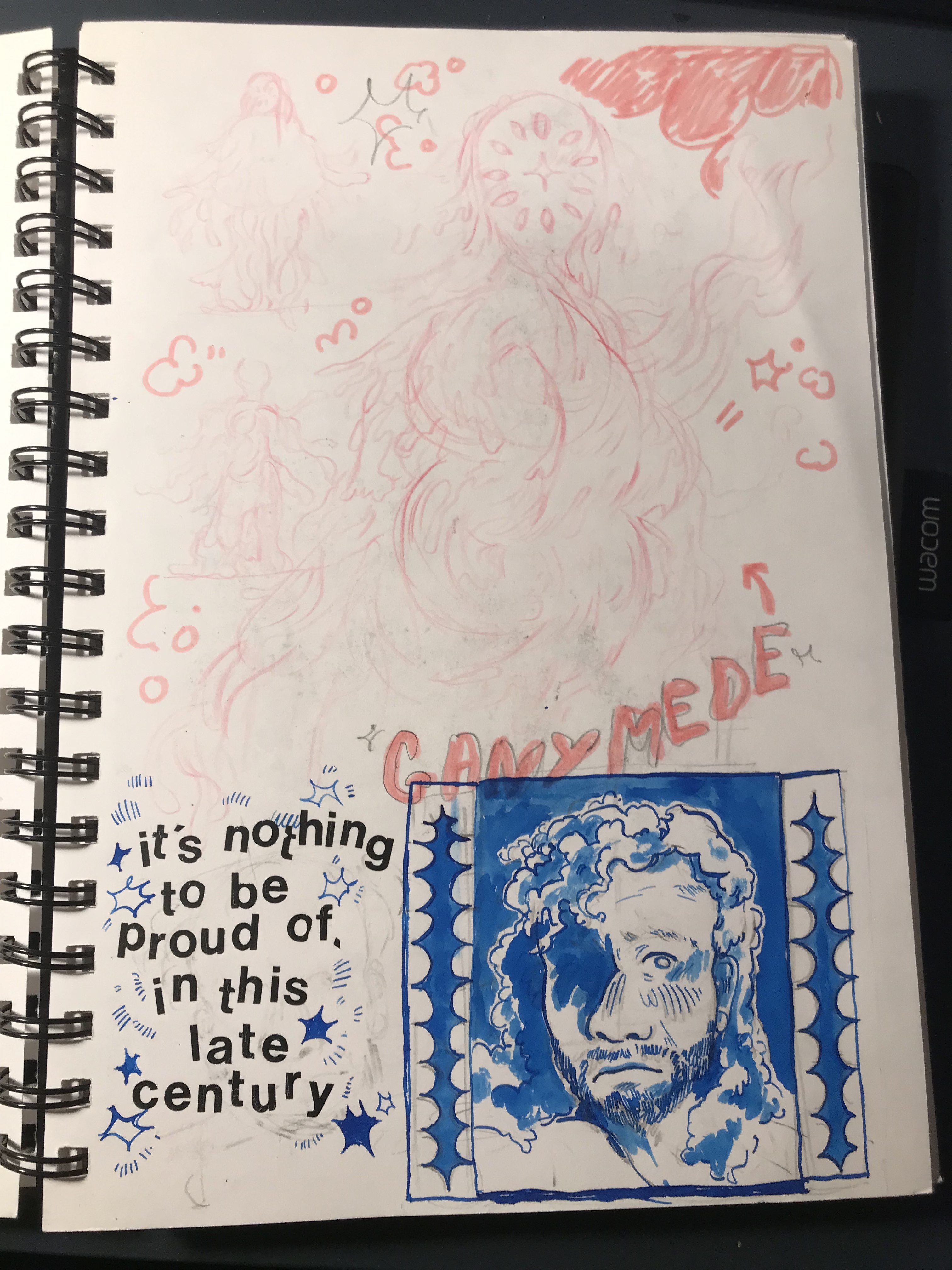 A photo of a sketchbook page, with a drawing of an alien figure in light pink pencil, and below it, a headshot of a man with heavy shading in blue ink, with a small border.
