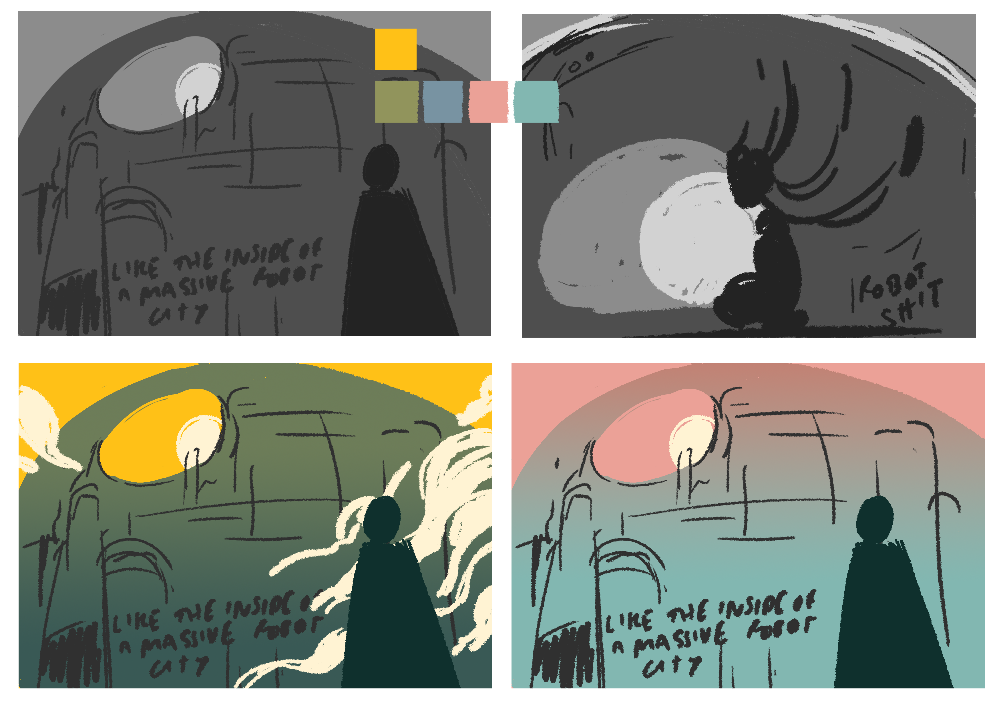 Four similar thumbnails of sci-fi landscapes involving a massive robot structure with an eye. The first two are greyscale experiments, the second two are practising colourways