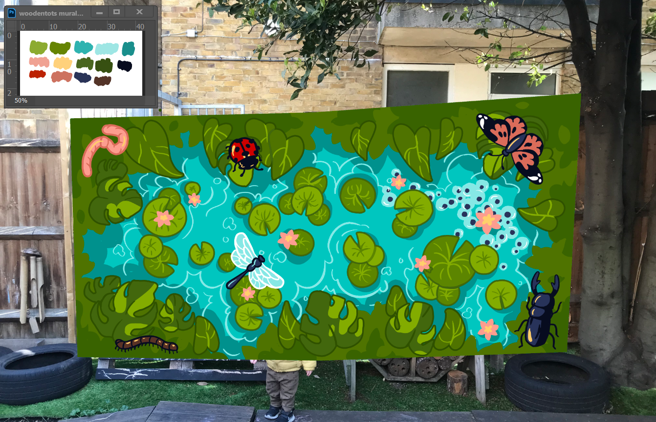 A digital mockup of a mural on a fence. The design is a bright blue pond covered in lilypads and surrounded by lush leaves, full of brightly coloured bugs.