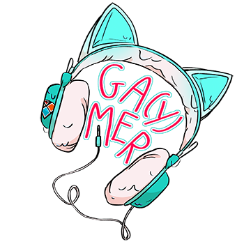 A stylised illustration of a pair of blue, glowing cat-ear headphones dripping with water, with 'GA(Y)MER' wriiten in pink text inside them.