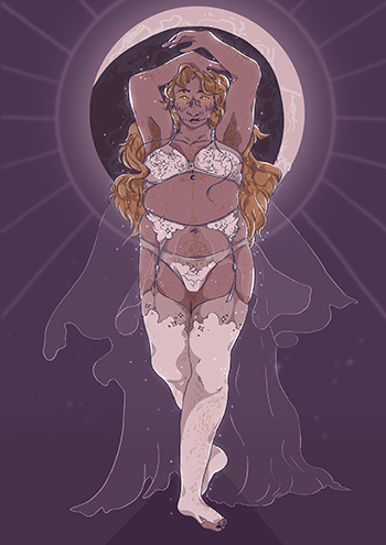 A pin-up image of a white, ginger werewolf woman covered in freckles, with glowing yellow eyes, dressed in lacy lingerie with a cloud pattern, posing with her arms above her head surrounded by veils against a purple moon background.