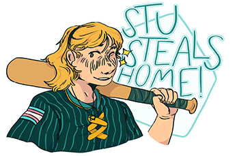 A stylised illustration of a blonde, jewish pale-skinned woman holding a baseball bat over one shoulder, wearing blue and yellow baseball gear with a trans flag patch on one shoulder. Behind her head, there is an outline of a baseball base with 'STU STEALS HOME' written on it.