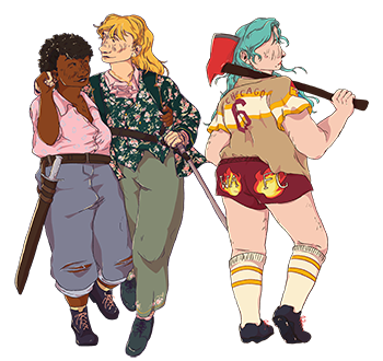 Three full-body portraits. One is of a Black woman with an afro with the sides shaved, wearing pastel, casual clothes, hugging a blonde pale-skinned jewish woman wearing a dark green suit with pale pink flowers on, and they're both holding swords. The other is of a white woman with blue hair, posing away from the camera, with a red fireaxe over her shoulder, and wearing a brown baseball jersey with Chicago on the back, and red booty shorts that say 'WAFC' with a fire pattern on the back.