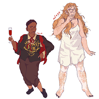 Two characters, a Black vampire woman in an elegant red suit holding a wine-glass of blood, and a taller white ginger woman in a shiny white dress and ripped white tights.
