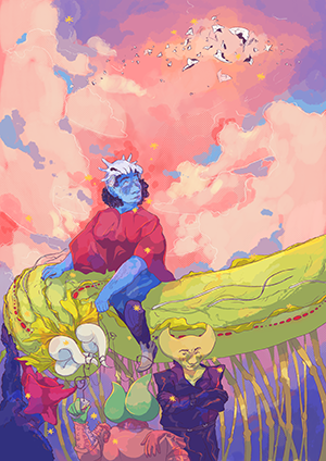 Colourful fanart of Hylics 2 by Mason Lindroth, with Somsnosa riding a Juice Bug, Dedusmuln feeding it juice, and Pongorma and Wayne petting the bug.