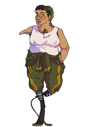 A drawing of a young Punjabi Indian woman with limb differences. She has one arm, the other ending in a small nub, and no legs before her knees. She is wearing prosthetic running blades, a green jumpsuit wrapped around her waist and a white tank top. She has sci-fi style implants on her chest and the back of her neck, and black hair with shaved sides and grown out green dye.