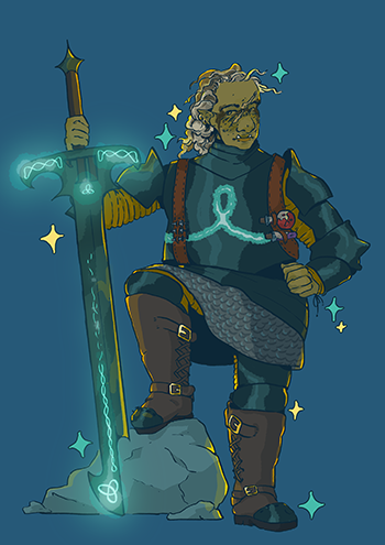 A full-body digital illustration of a Dungeons & Dragons half-orc paladin wearing heavy dark armour and holding a large sword with glowing turquiose celtic knot patterns.