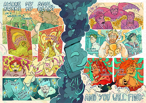 A digital comic double spread, in various harmonious colours, showing players and scenes from Hermitcraft season 9, overlaid with lyrics from Sufjan Stevens's The Hidden River of my Life.