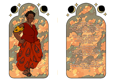A full-body digital illustration of a young Black person in warm-coloured baggy clothes with African-inspired wax patterns on and a red waistcoat. Behind them is a frame with three arches full of orange clouds against a blue-grey background, with moons and stars outside the frame. In the other half of the image, there's the same frame, full of text explaining their backstory.