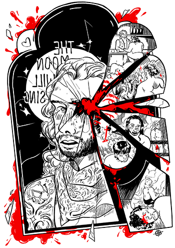 A digital illustration in black on white, of Hangman Adam Page looking into a shattered mirror. The right side of the mirror is in large shards, each showing a different scene from the 2020 Hangman Adam Page and Kenny Omega feud. The centre of the mirror is striking, red blood.