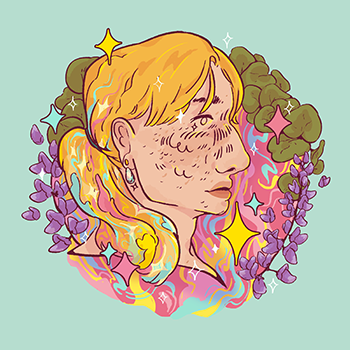 full-colour digitally illustrated headshot of a Jewish woman in profile against a swirling background in blue, yellow and magenta. Magic streaks in these same colours are travelling up her hair and she's surrounded by stars. On each side of her are leaves and flowers.