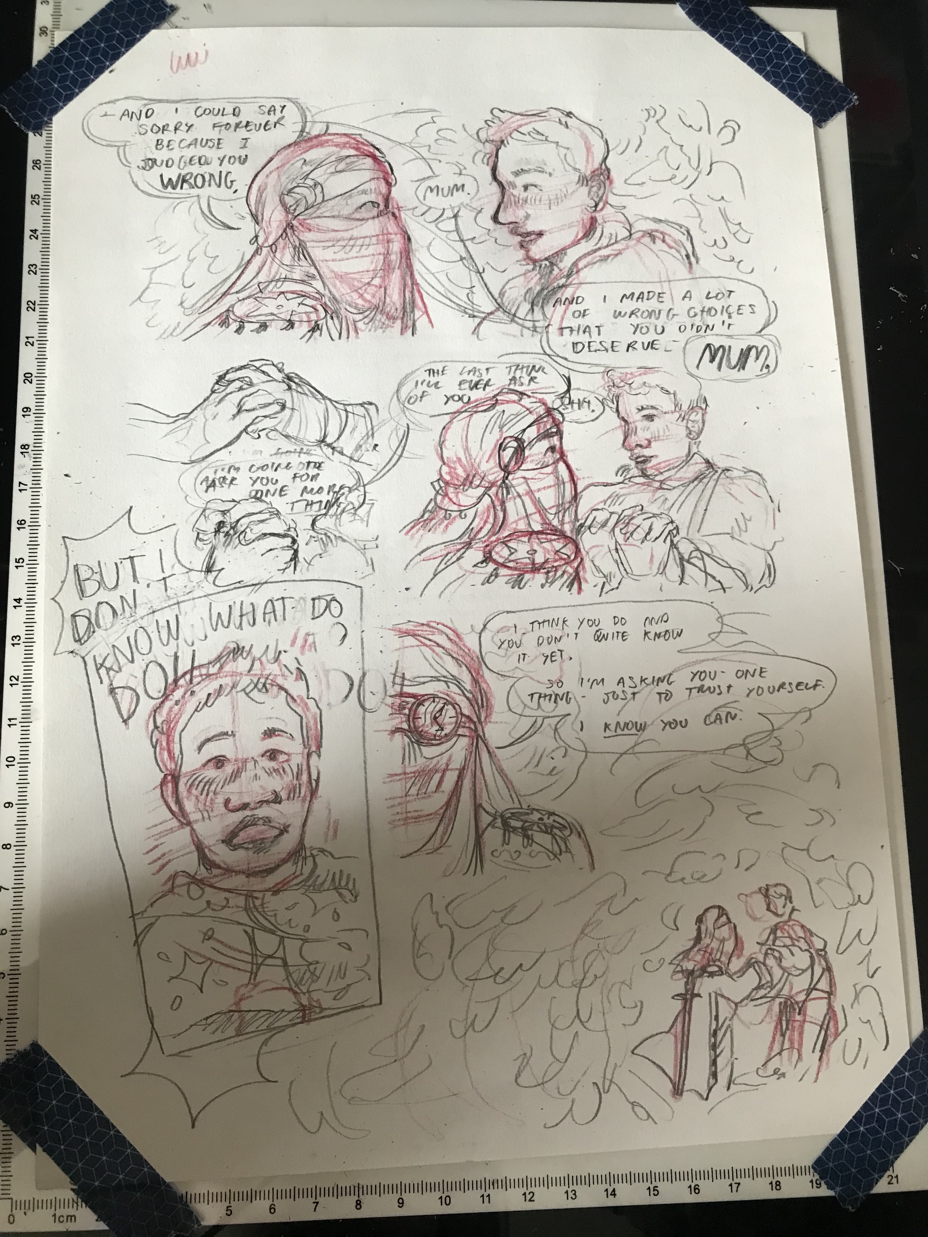 A comic page drawn on paper, taped to a lightbox, with basic composition and anatomy in red and more detailed sketches in lead over the top.