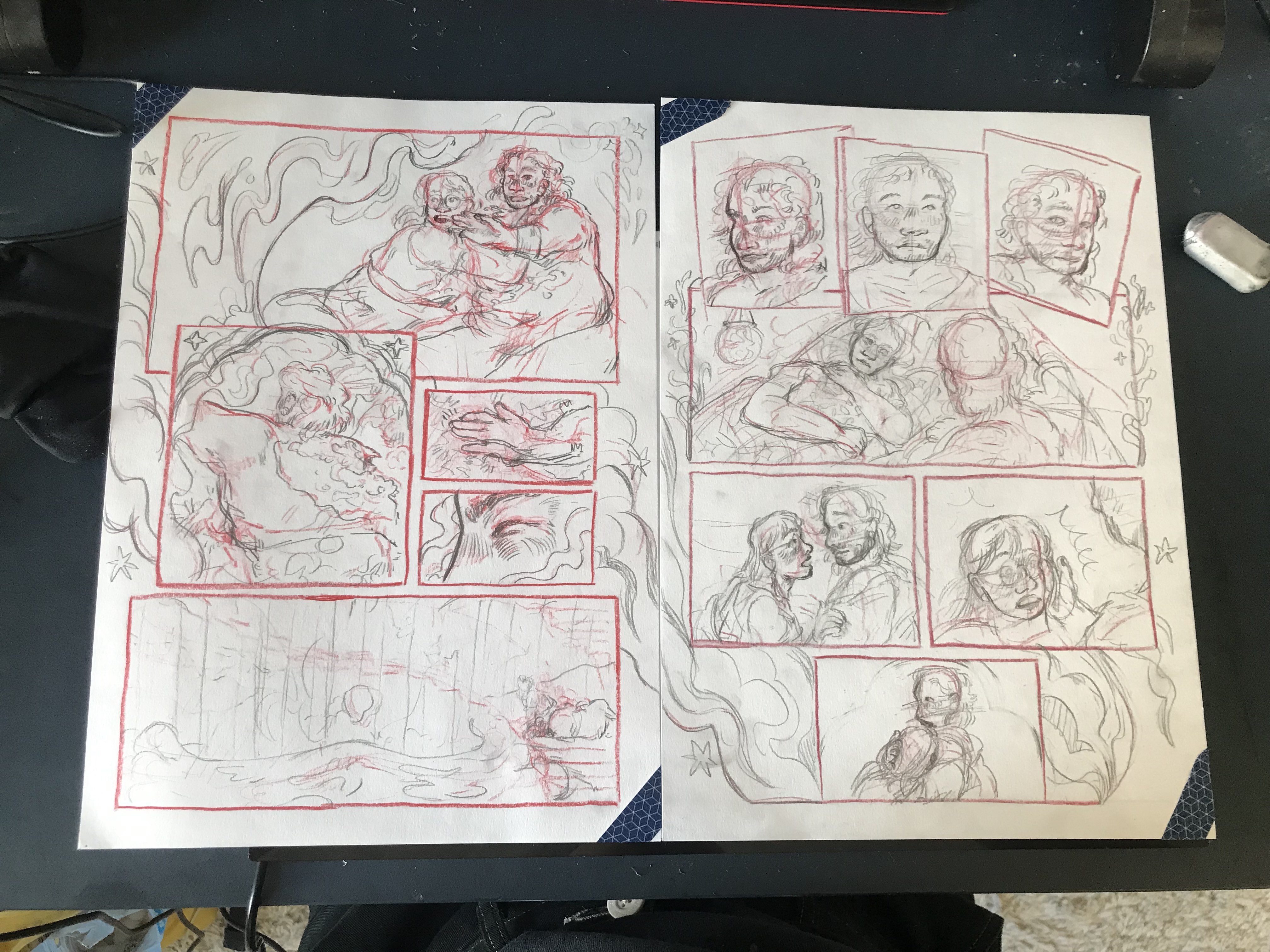 Two comic pages, with panel borders, compositions and anatomy drawn in red pencil, with more detailed sketches in lead over the top.