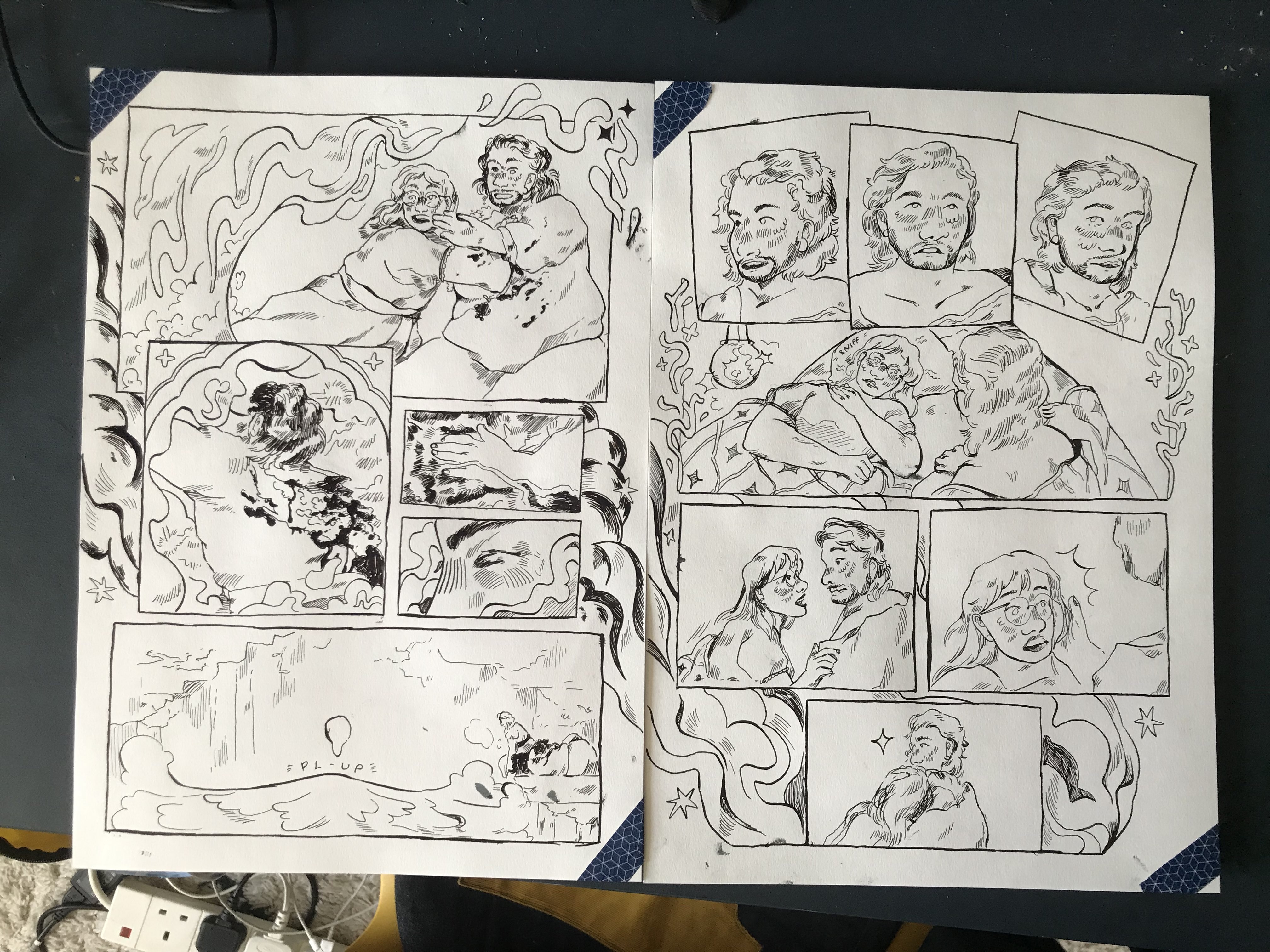 Two fully inked comic pages, with no text.