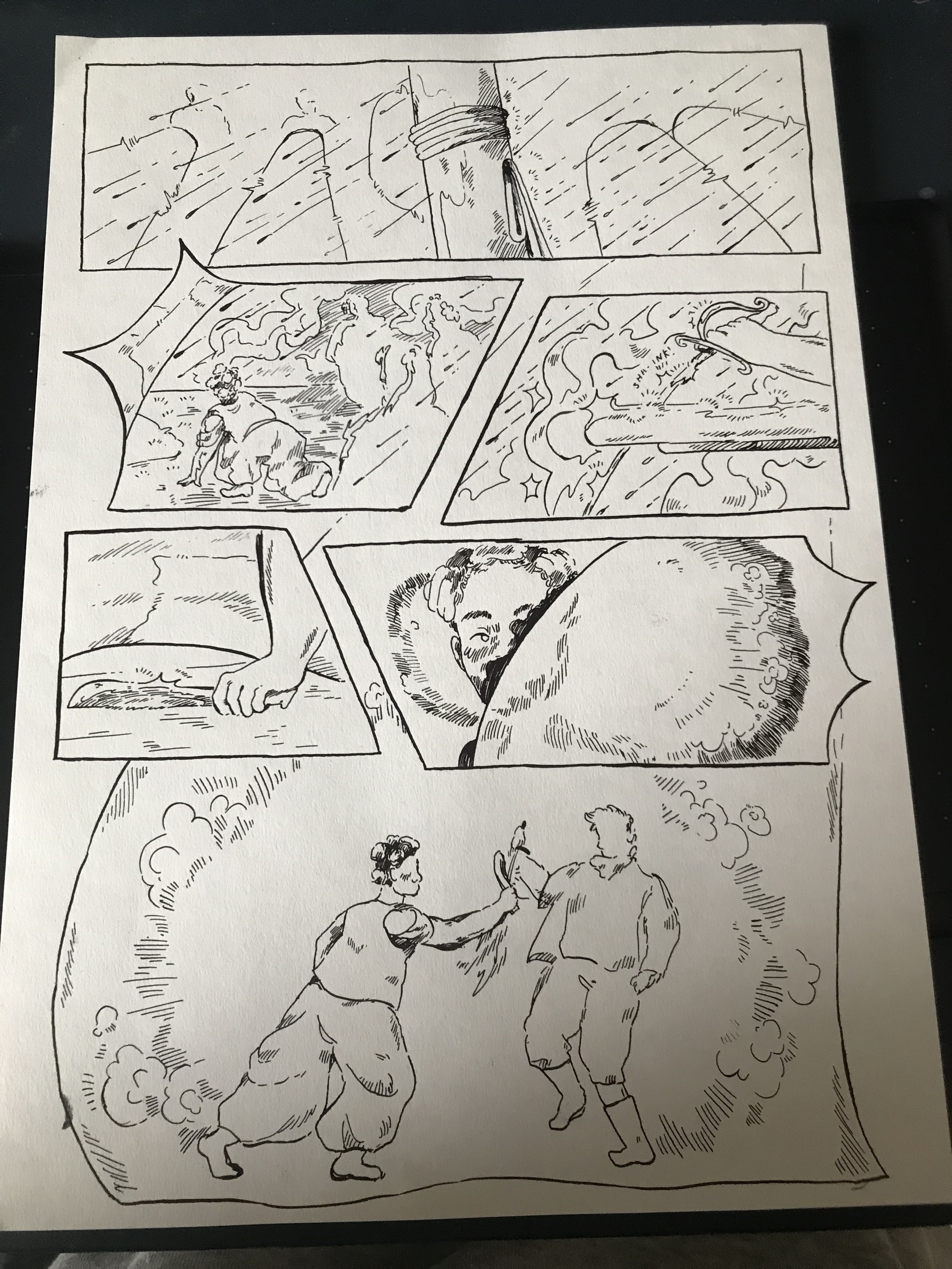 A fully inked comic page, with no text.