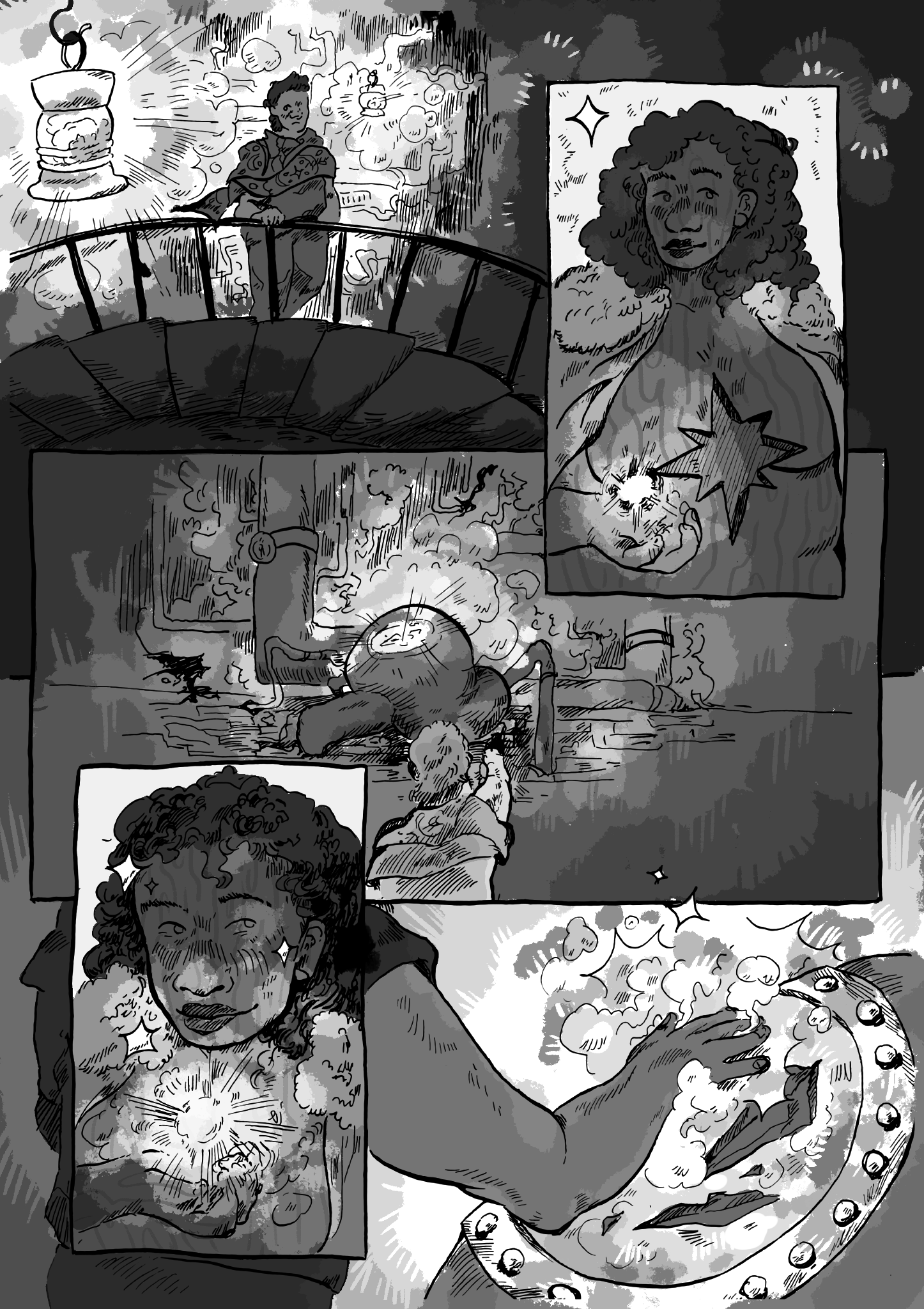 A black and white comic page of Safiyyah venturing into the mechanical underbelly of a ship, while seeing visions of a woman carved out of wood holding a light. She puts her hand on the mechanical heart of the ship.