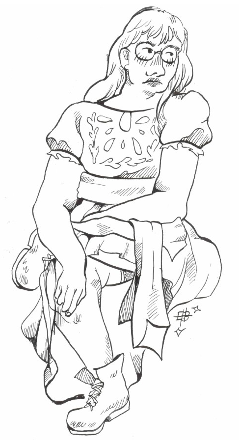 A full-body ink drawing of Euterpe sitting down with one leg over the other, looking like a sulking teenager.