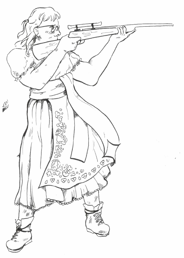 A full-body ink drawing of Euterpe standing up and shooting a rifle with her hair and skirts flowing around her.