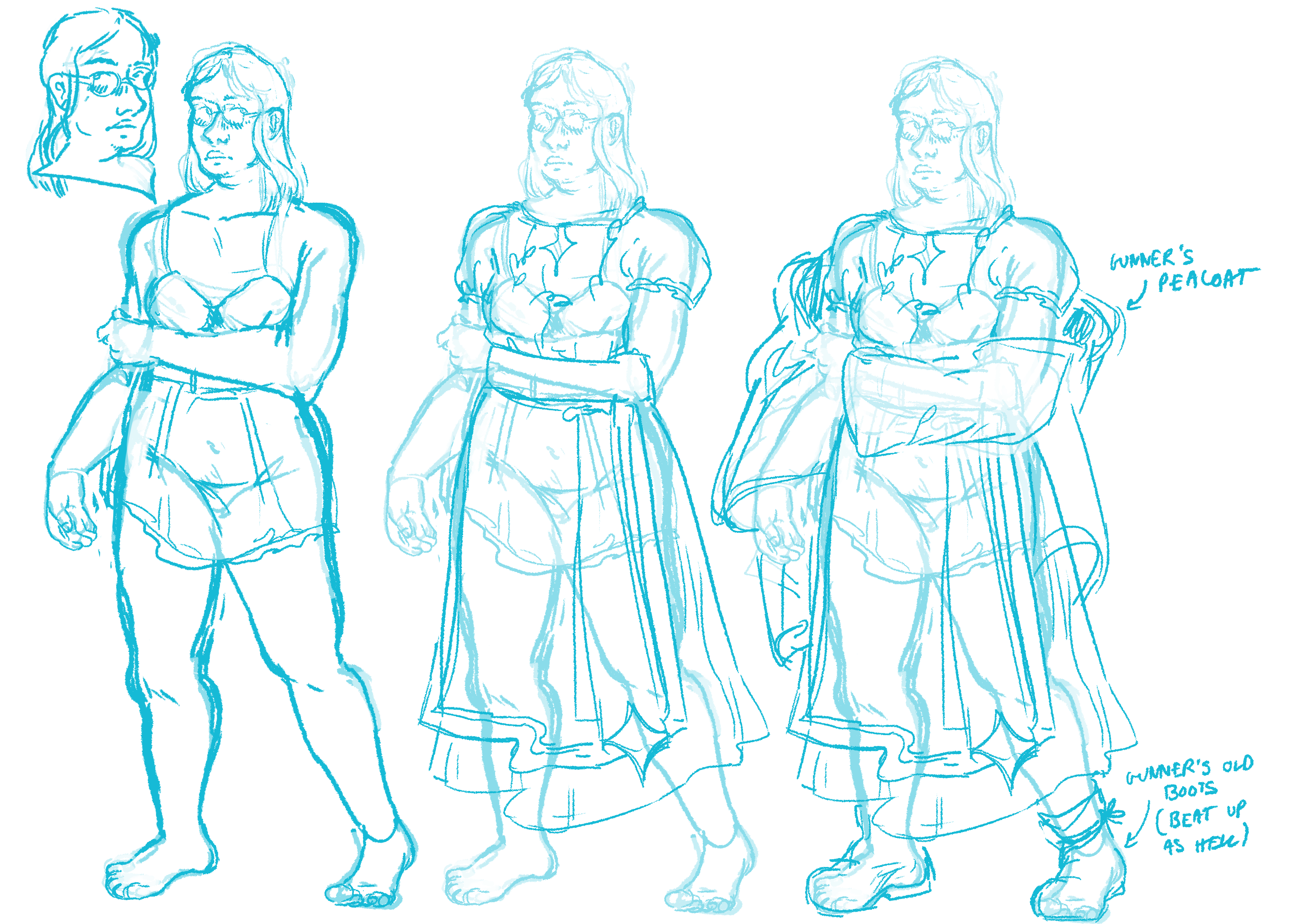 Three sketches of Euterpe, a young White woman with mousy brown hair and glasses in various states of dress, made to resemble a character model sheet. In the first sketch, she's wearing old-fashioned underwear, and has a chubby body with a long torso and round face. In the second sketch, she's in Eastern European-inspired folk clothing, and the third is the same, except with a large coat over the top.