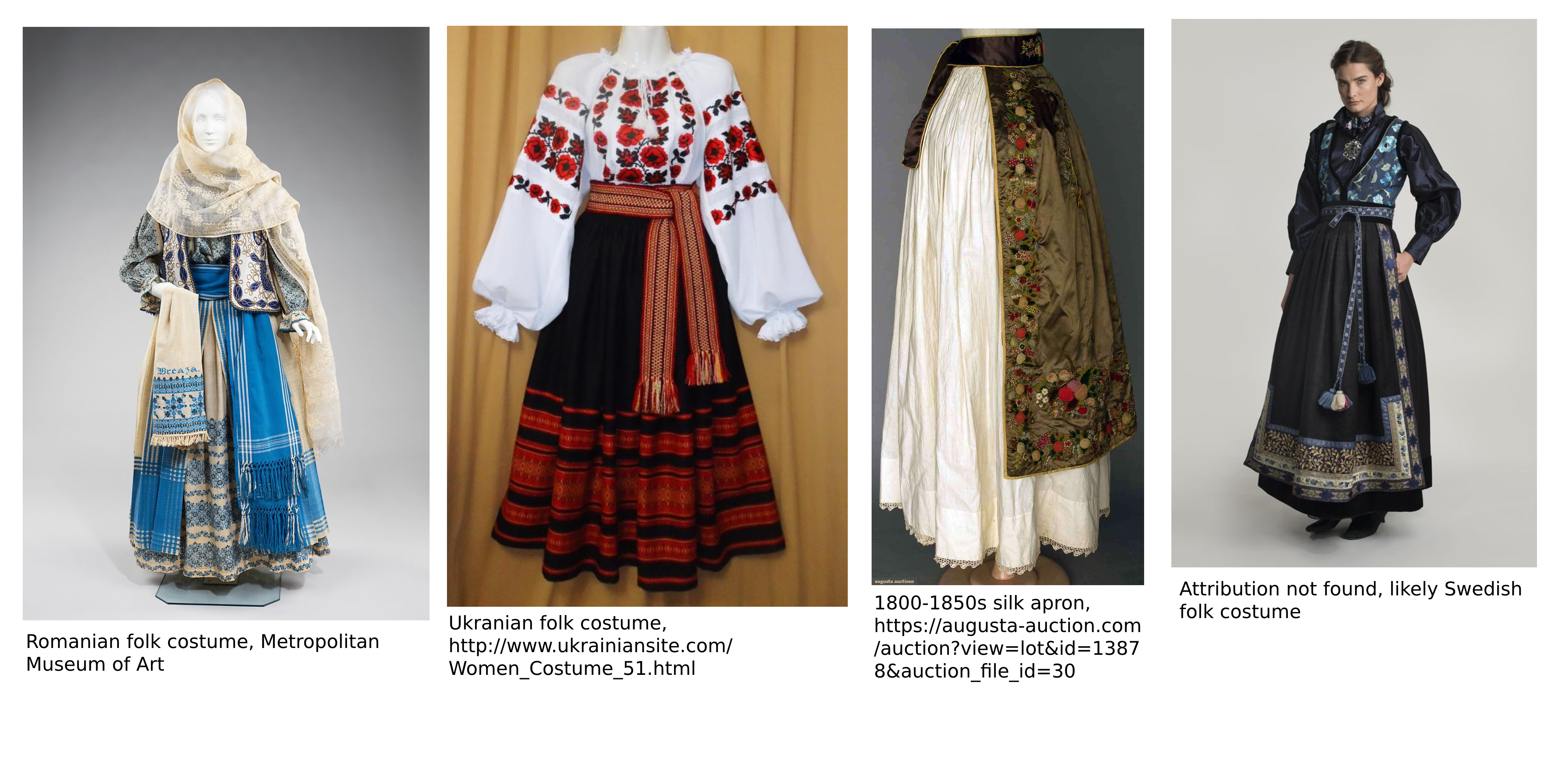 A moodboard for Euterpe's character design, featuring skirts with embroidered aprons, and Swedish, Ukranian and Romanian folk dress with prominent embroidered patterns.