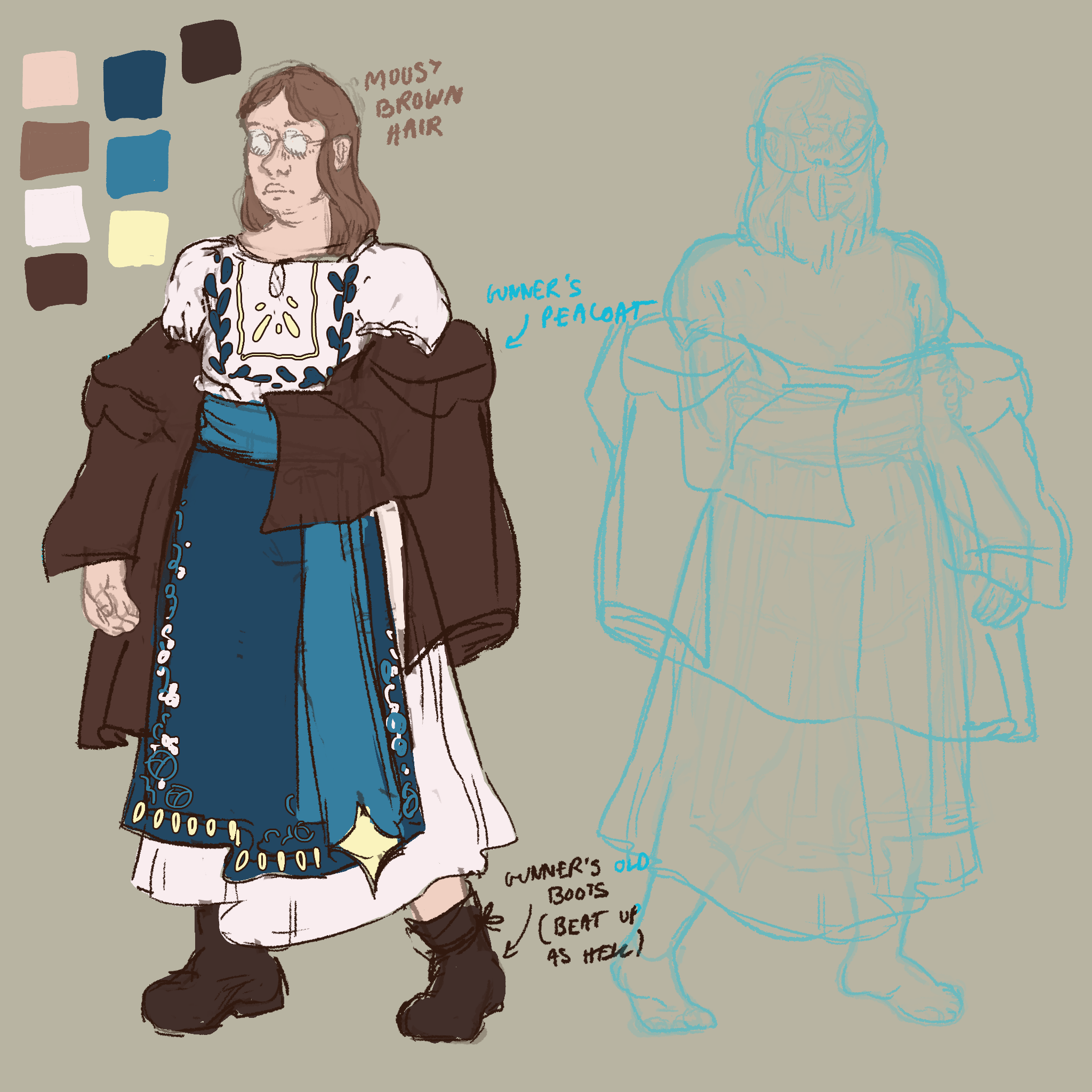 A coloured sketch of Euterpe, a young White woman with mousy brown hair and glasses, wearing Eastern European-inspired folk clothing in blue and white, with a large brown jacket over the top, with a non-coloured sketched view from the back next to it.