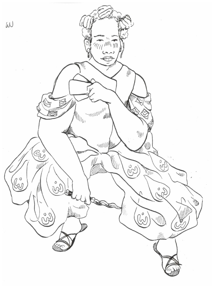 A full-body ink drawing of Kimbuala crouching down and leaning forwards, with playing cards in one hand and a butterfly knife in the other.