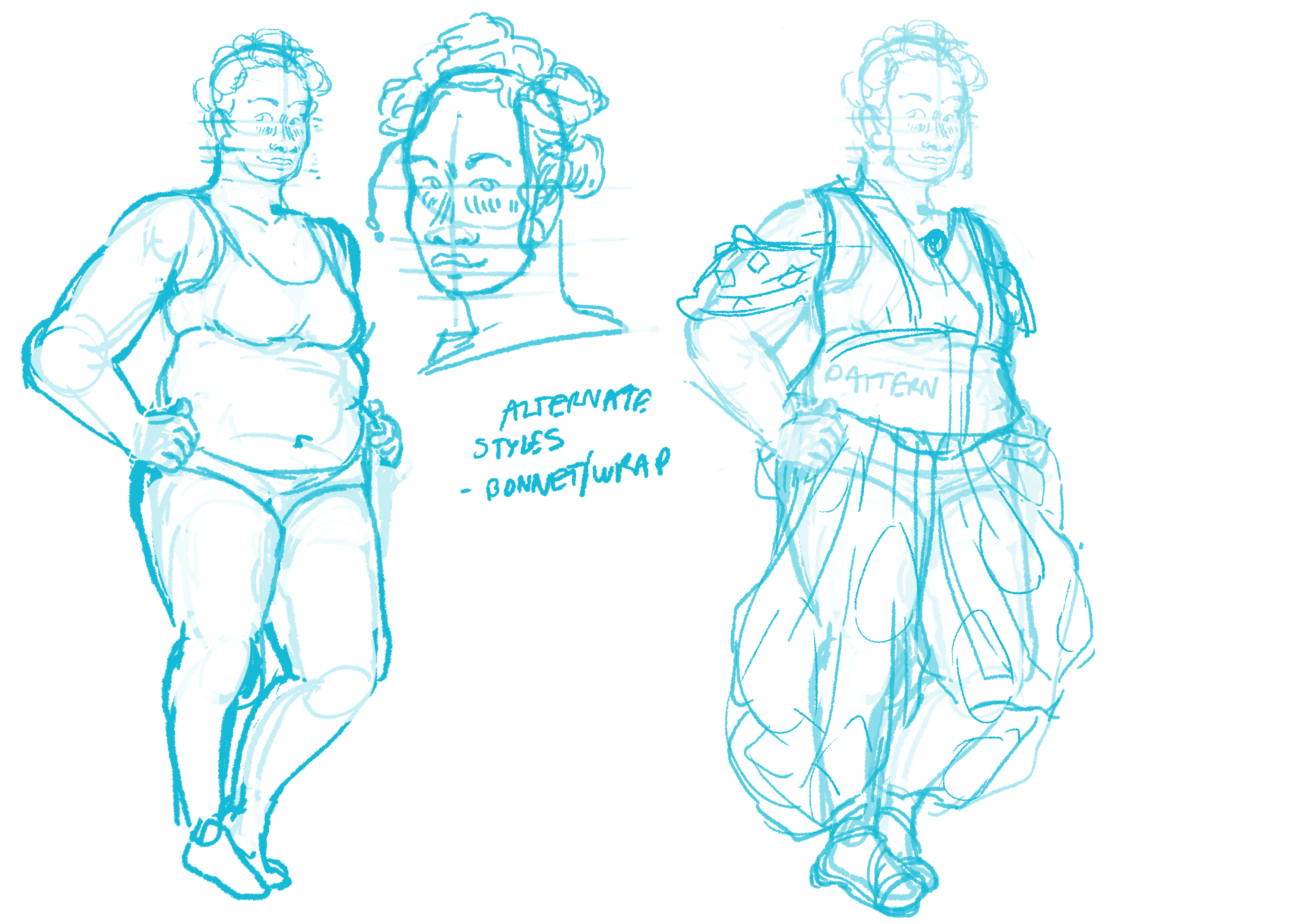 Two full-body sketches of Kimbuala, a young Black person with their hair in bantu knots. In the first sketch they're in their underwear and have a pear-shaped body, and in the second sketch they're wearing baggy trousers and sleeves with wax print patterns on and a waistcoat. There's also a headshot of them showing their face in more detail.