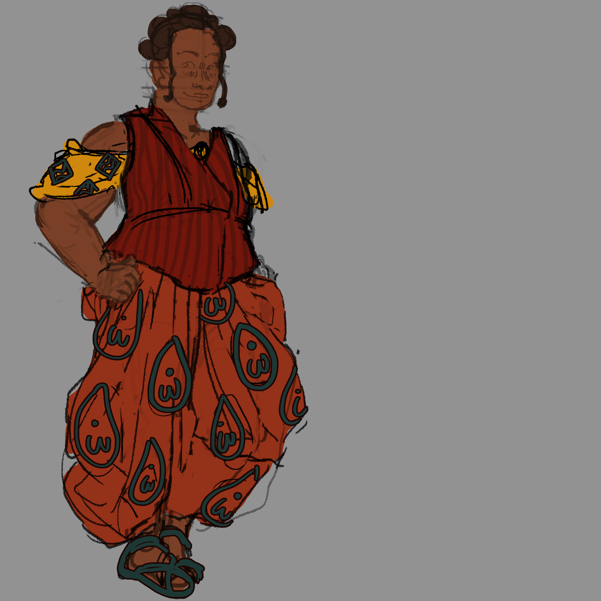 A full-body coloured sketch of Kimbuala, a young Black person wearing orange baggy trousers and yellow sleeves with wax print patterns on and a red waistcoat.
