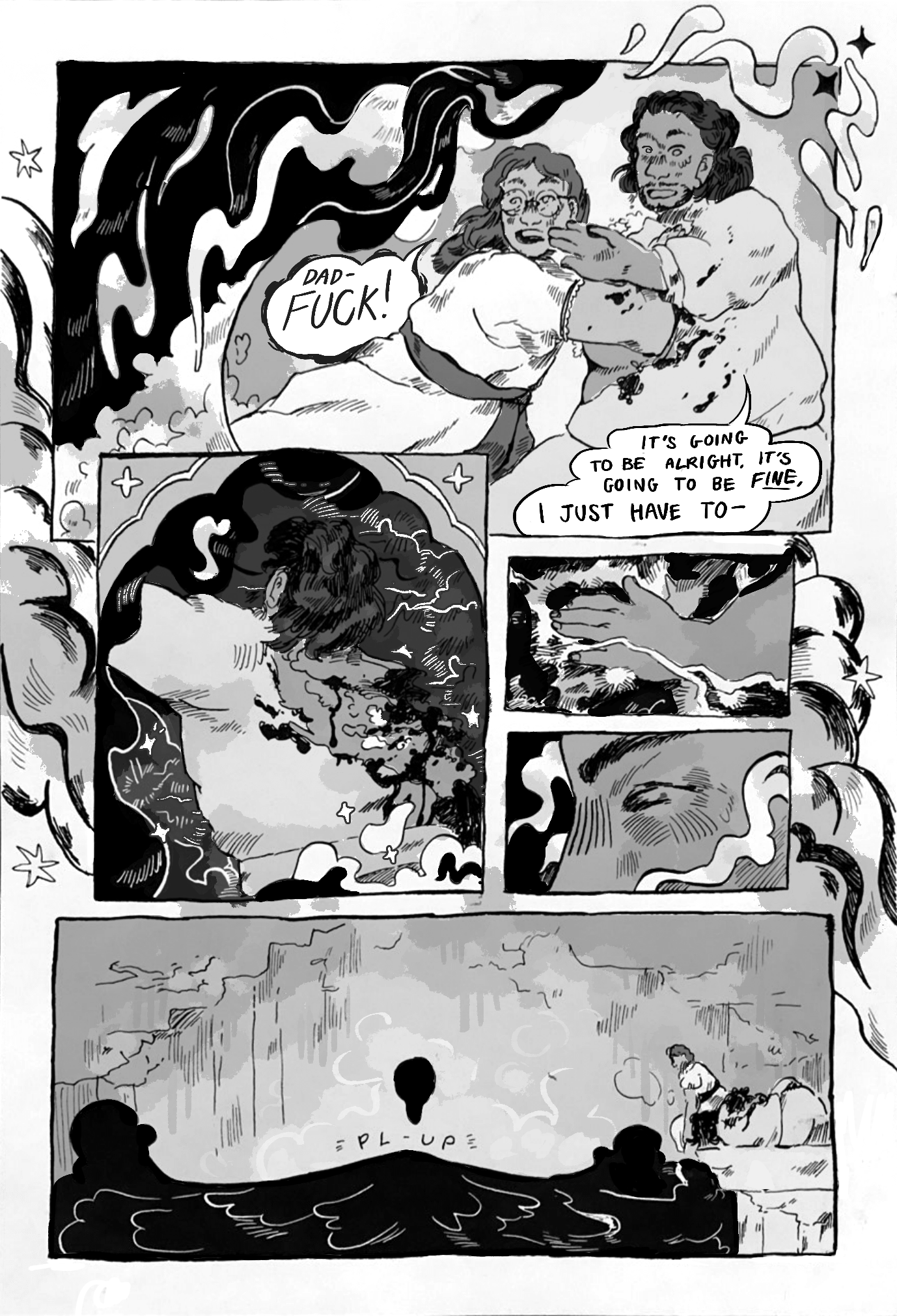 A black and white comic of Euterpe, and her adoptive father. Her father is injured and is trying to communicate with a being that represents itself as a pool of black liquid, but it's rejecting him in sparks and flashes, but eventually the pool quiets. The background behind the panels is full of swirling smoke.
