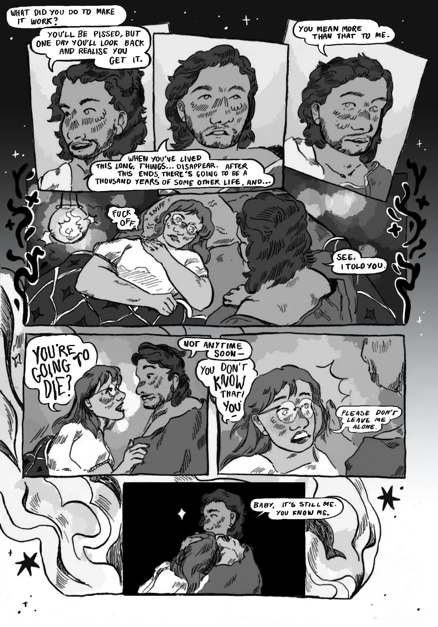 A black and white comic page of Euterpe and her adoptive father having a discussion while sharing a hammock together. Her father is saying how he quieted the being, saying that he gave up his immortality to save them both. Euterpe gets freaked out by this, but her father promises he'll protect them both. The background behind the panels is full of swirling smoke.