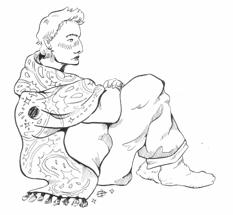 A full-body ink drawing of Safiyyah, sitting curled up with her knees to her chest.