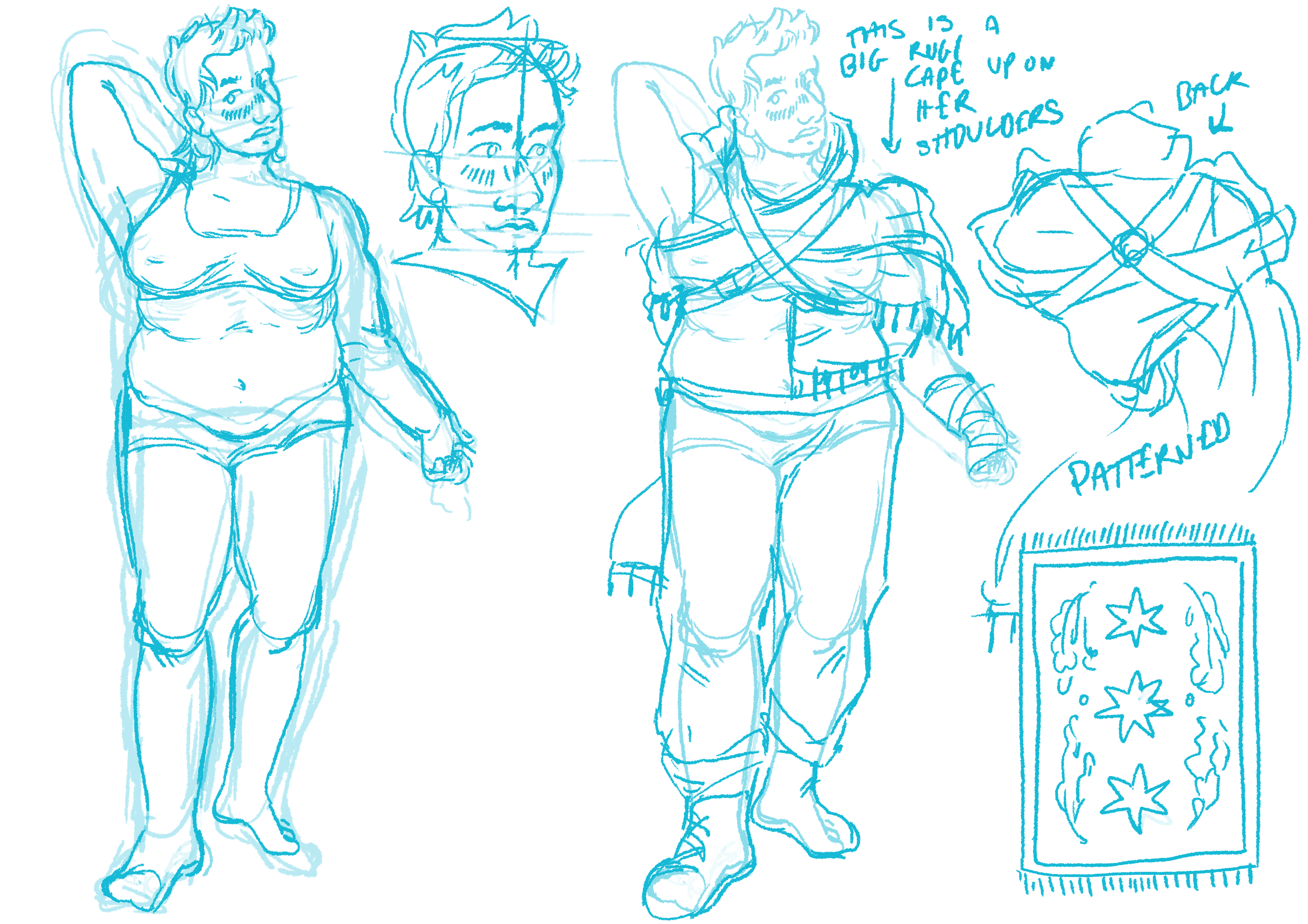 Two full-body sketches of Safiyyah, a young Brown woman with short dark hair, and a muscular, fat body. In the first sketch she's in her underwear, and in the second sketch she's in work clothes with a shawl wrapped around her shoulders and secured by belts. There's also a small bust sketch and sketches breaking down how the shawl works.