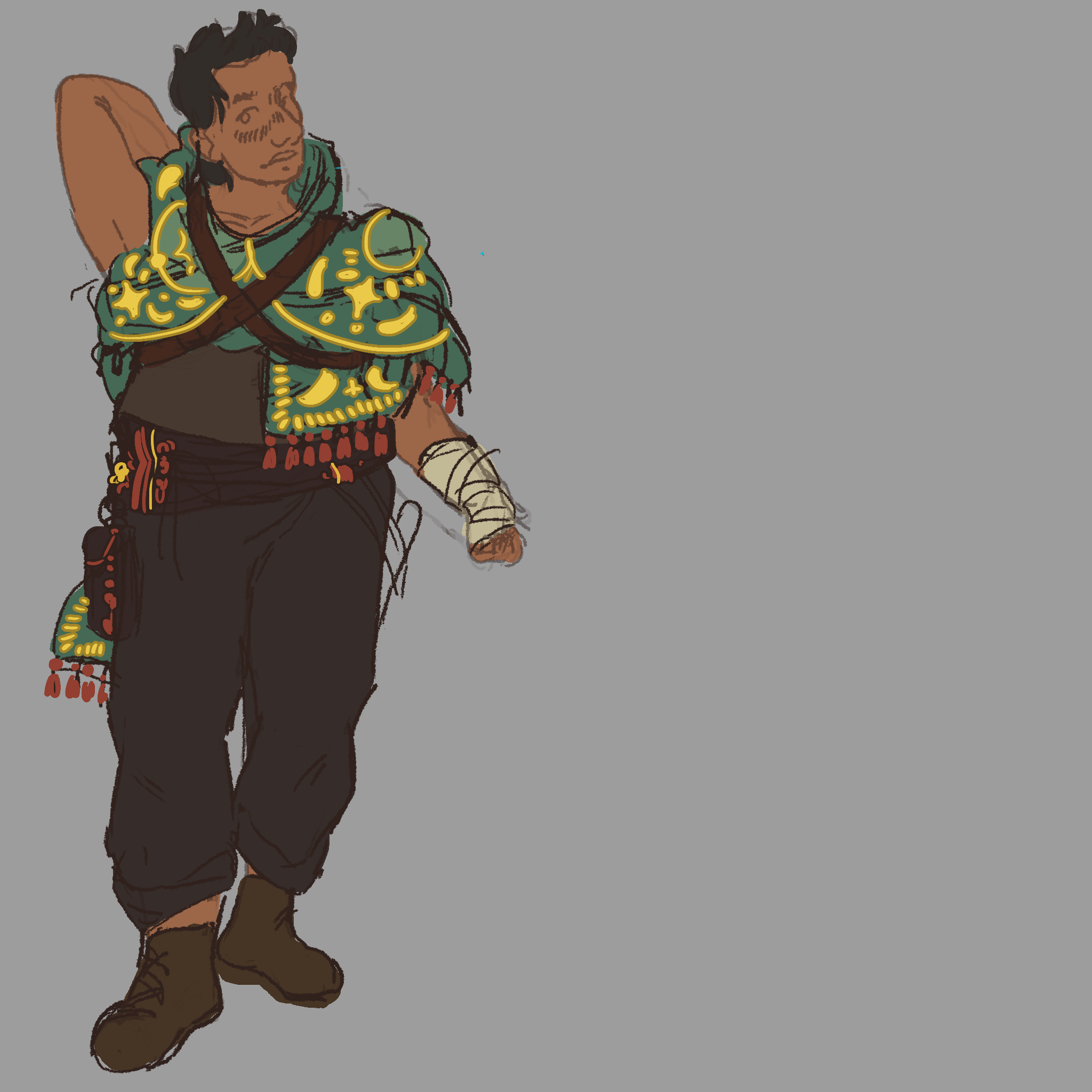 A full-body coloured sketch of Safiyyah, a young Brown woman with short dark hair, and a muscular, fat body. She's wearing work clothes with a shawl wrapped around her shoulders and secured by belts.